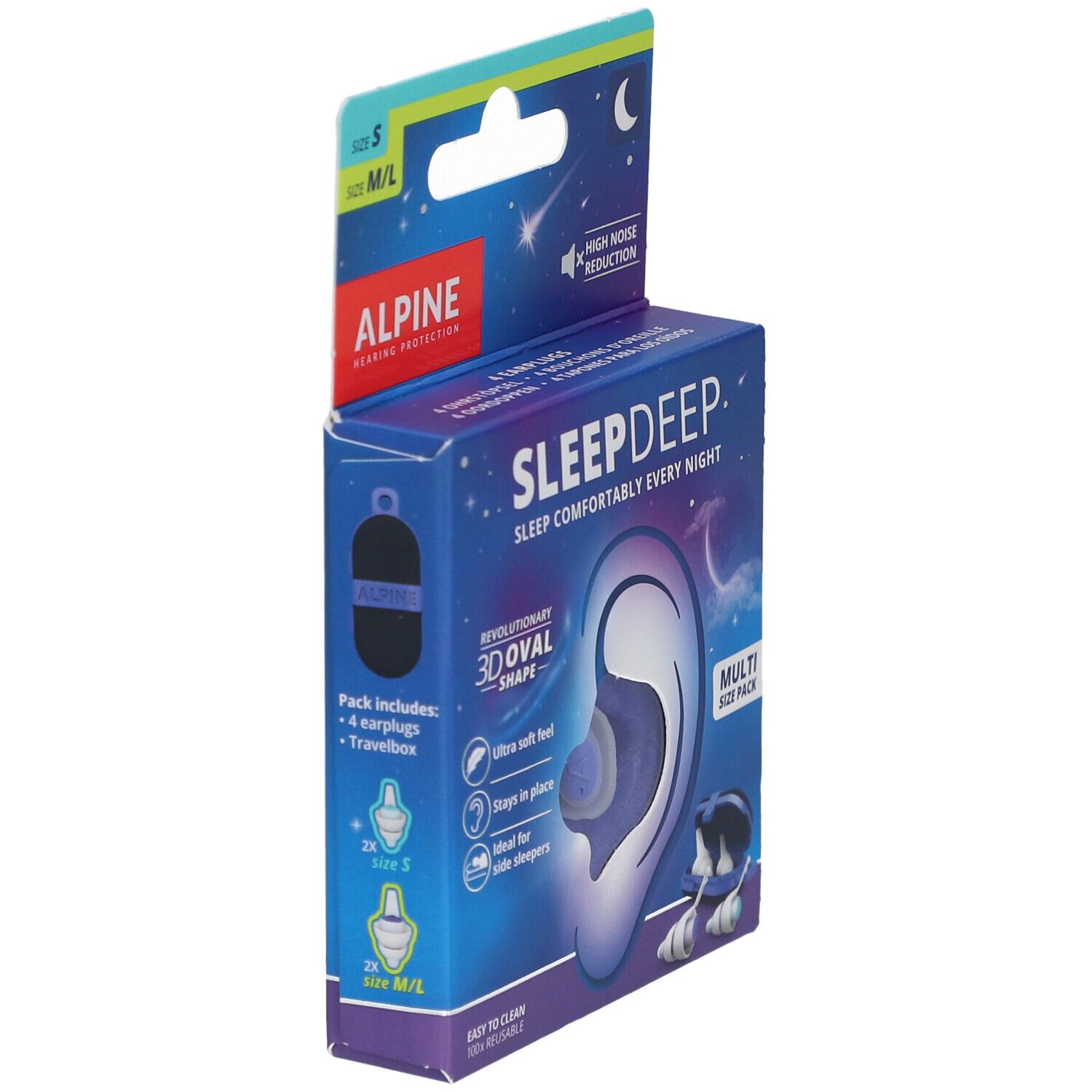 Ohrstöpsel-Packung. Alpine SleepDeep. Mehrere Größen. Enthält 4 Ohrstöpsel und ein Reiseetui. 3D-Ovalform.