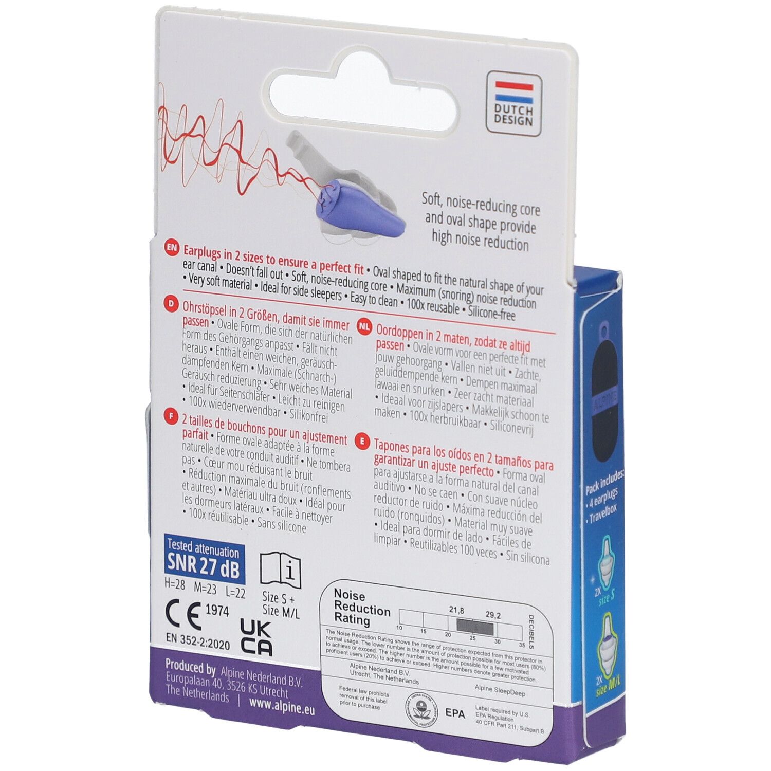Rückseite der Ohrstöpsel-Packung. Alpine SleepDeep. SNR 27 dB. 2 Größen. Weiche, geräuschreduzierende Form.