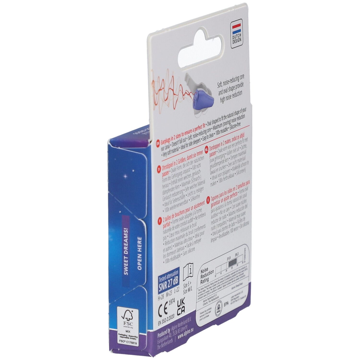 Rückseite der Ohrstöpsel-Packung. Alpine SleepDeep. SNR 27 dB. 2 Größen. Weiche, geräuschreduzierende Form.