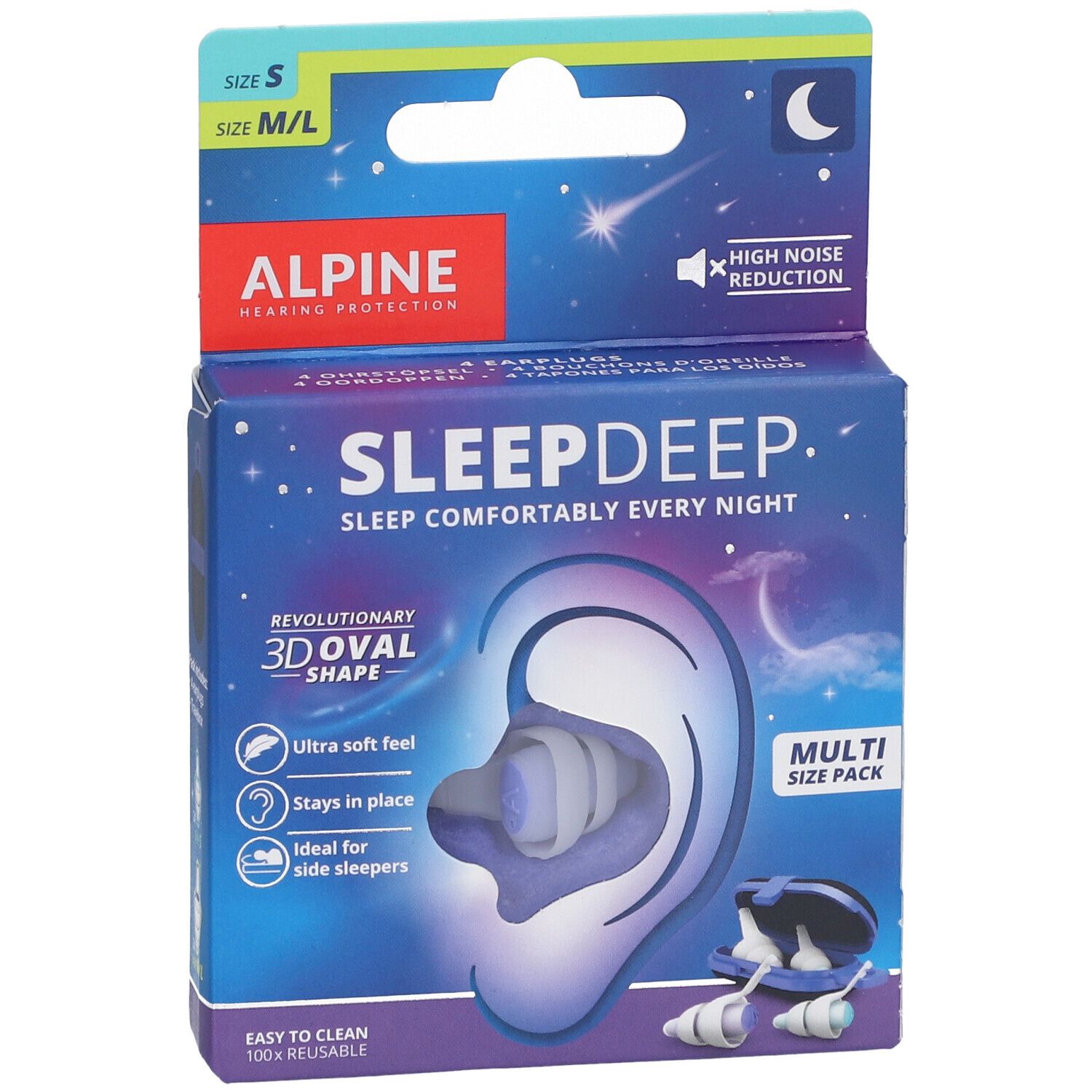 Ohrstöpsel-Packung. Alpine SleepDeep. Mehrere Größen. Reduziert Geräusche. 3D-Ovalform. Wiederverwendbar.