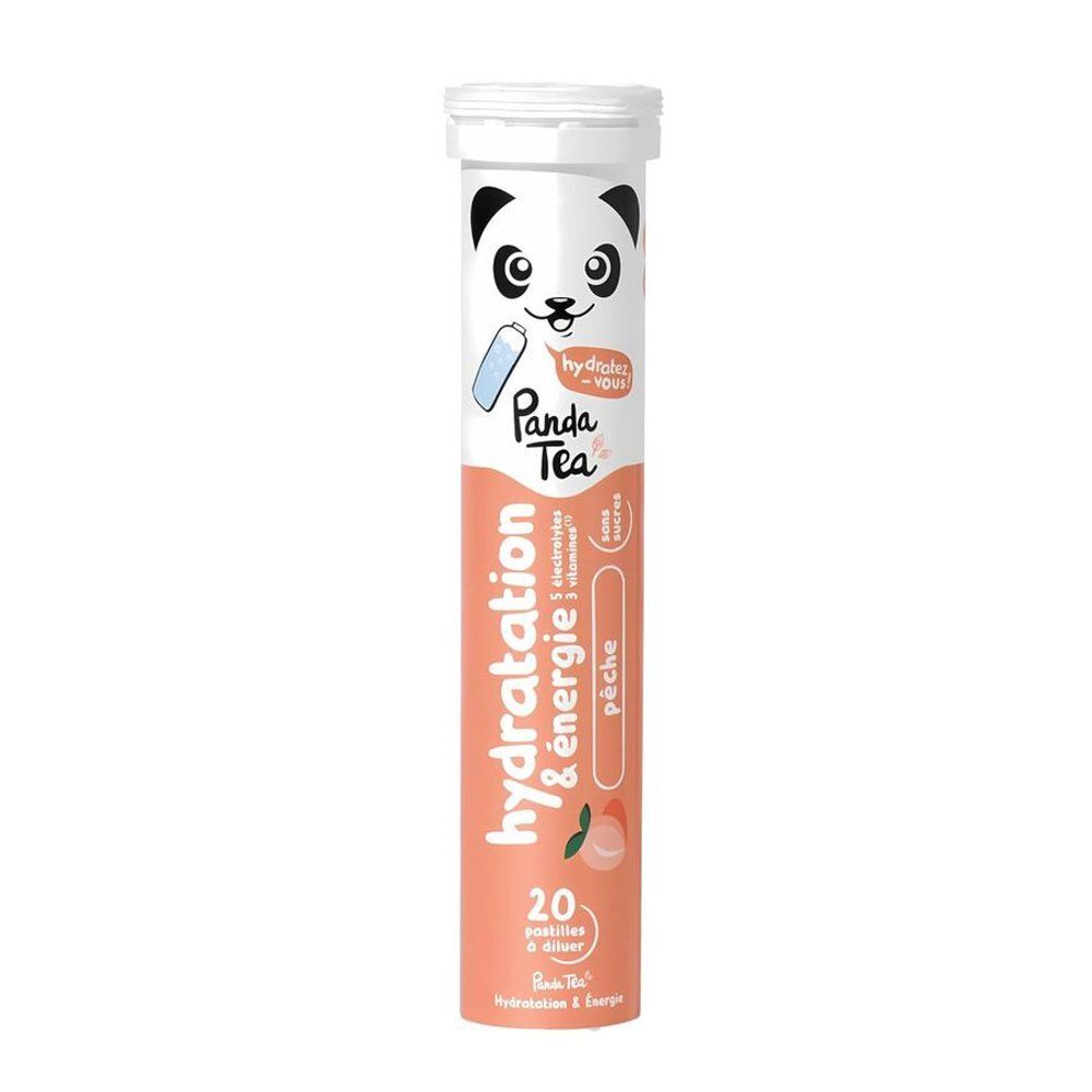 Tube cylindrique avec logo Panda et texte. Contient 20 comprimés effervescents. Inscription : Hydratation & Energie, Pêche.