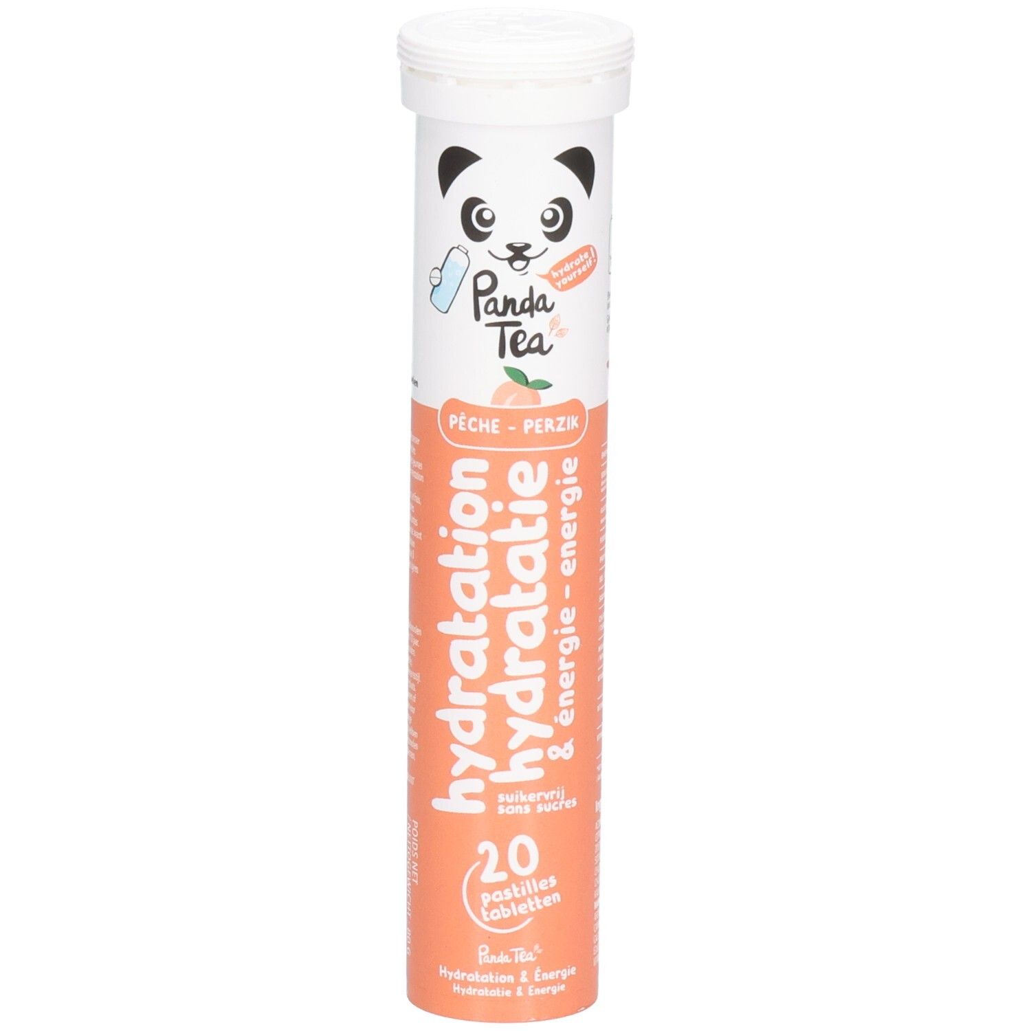 Zylinderförmige Verpackung mit Panda-Logo und Text. Enthält 20 Brausetabletten. Aufschrift: Hydratation & Energie, Pfirsich-Perzik.