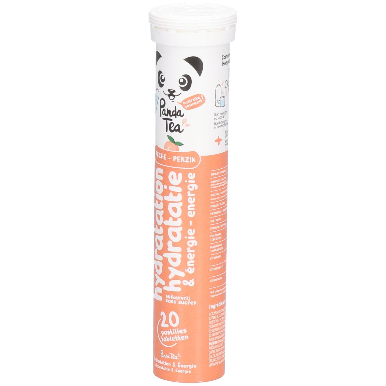Zylinderförmige Verpackung mit Panda-Logo und Text. Enthält 20 Brausetabletten. Aufschrift: Hydratation & Energie, Pfirsich-Perzik.