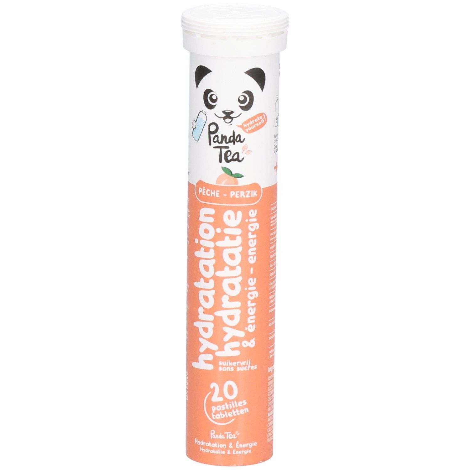 Zylinderförmige Verpackung mit Panda-Logo und Text. Enthält 20 Brausetabletten. Aufschrift: Hydratation & Energie, Pfirsich-Perzik.