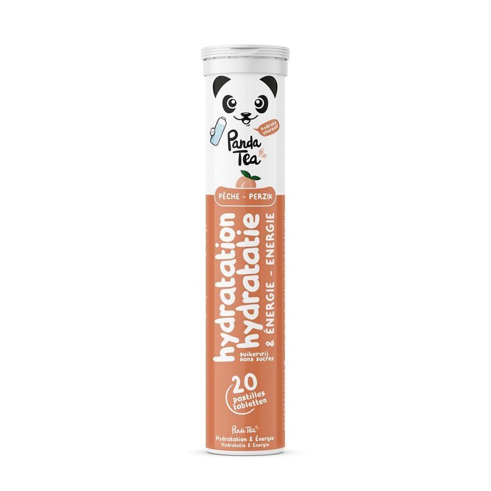 Tube cylindrique avec logo Panda et texte. Contient 20 comprimés effervescents. Inscription : Hydratation & Energie, Pêche-Perzik.