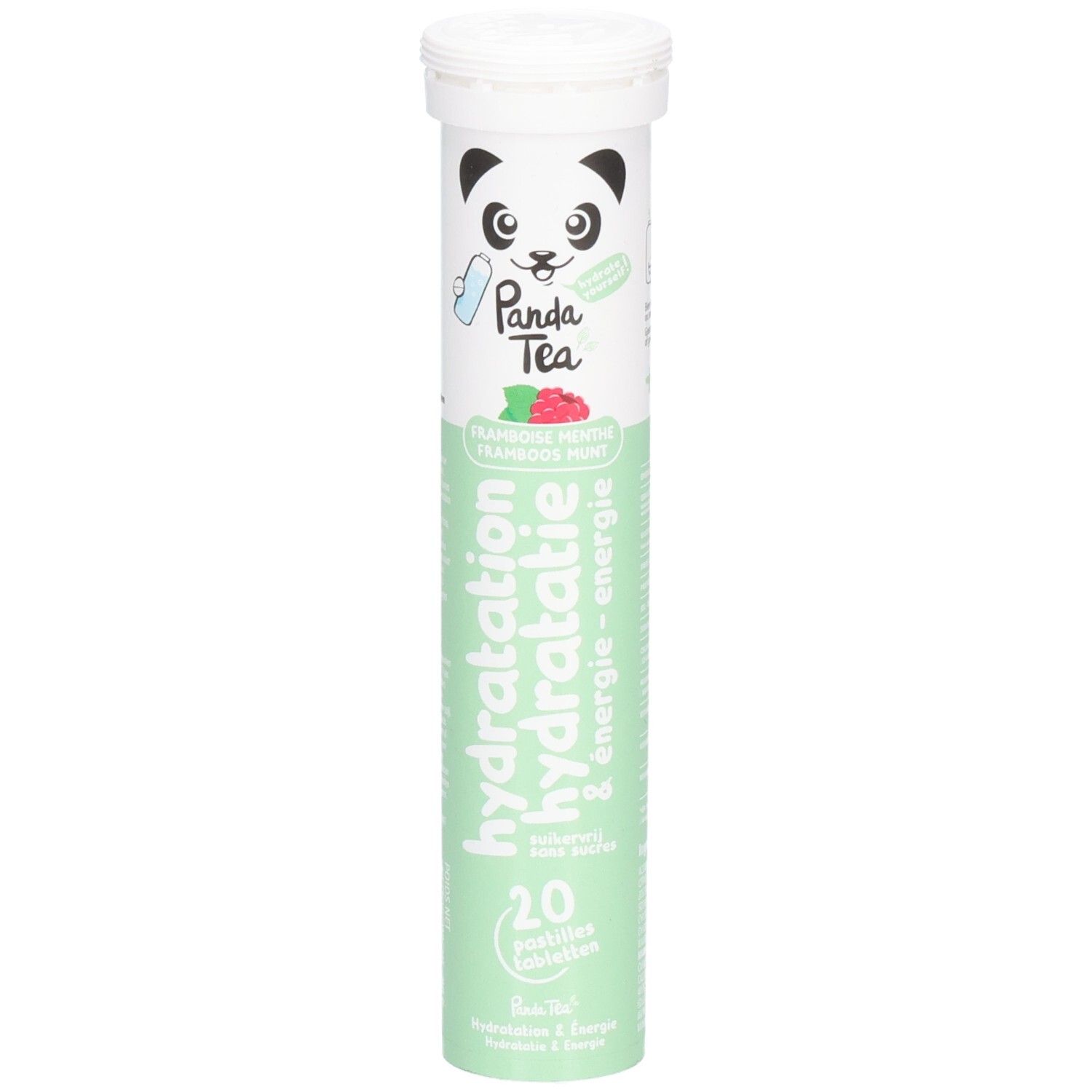 Zylindrische Tube mit 20 Brausetabletten. Aufdruck: Panda Tea, Himbeer-Minze, Hydratation, Energie. Weißer Deckel.