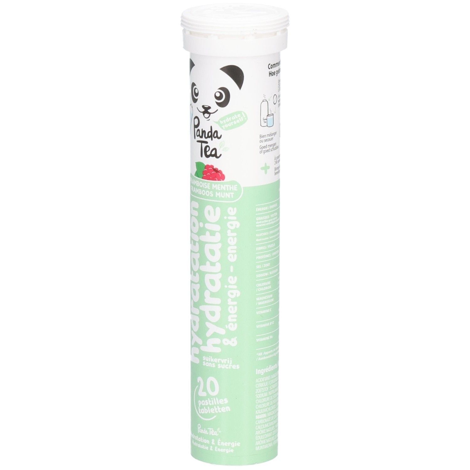 Zylindrische Tube mit 20 Brausetabletten. Aufdruck: Panda Tea, Himbeer-Minze, Hydratation, Energie. Weißer Deckel.