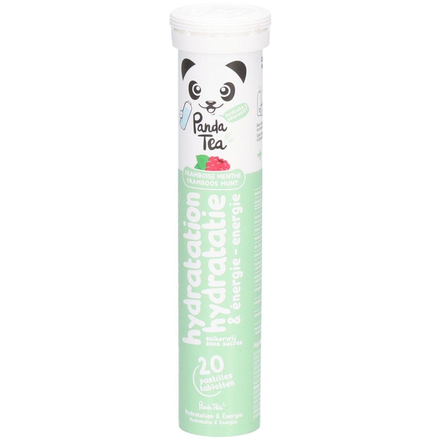 Zylindrische Tube mit 20 Brausetabletten. Aufdruck: Panda Tea, Himbeer-Minze, Hydratation, Energie. Weißer Deckel.