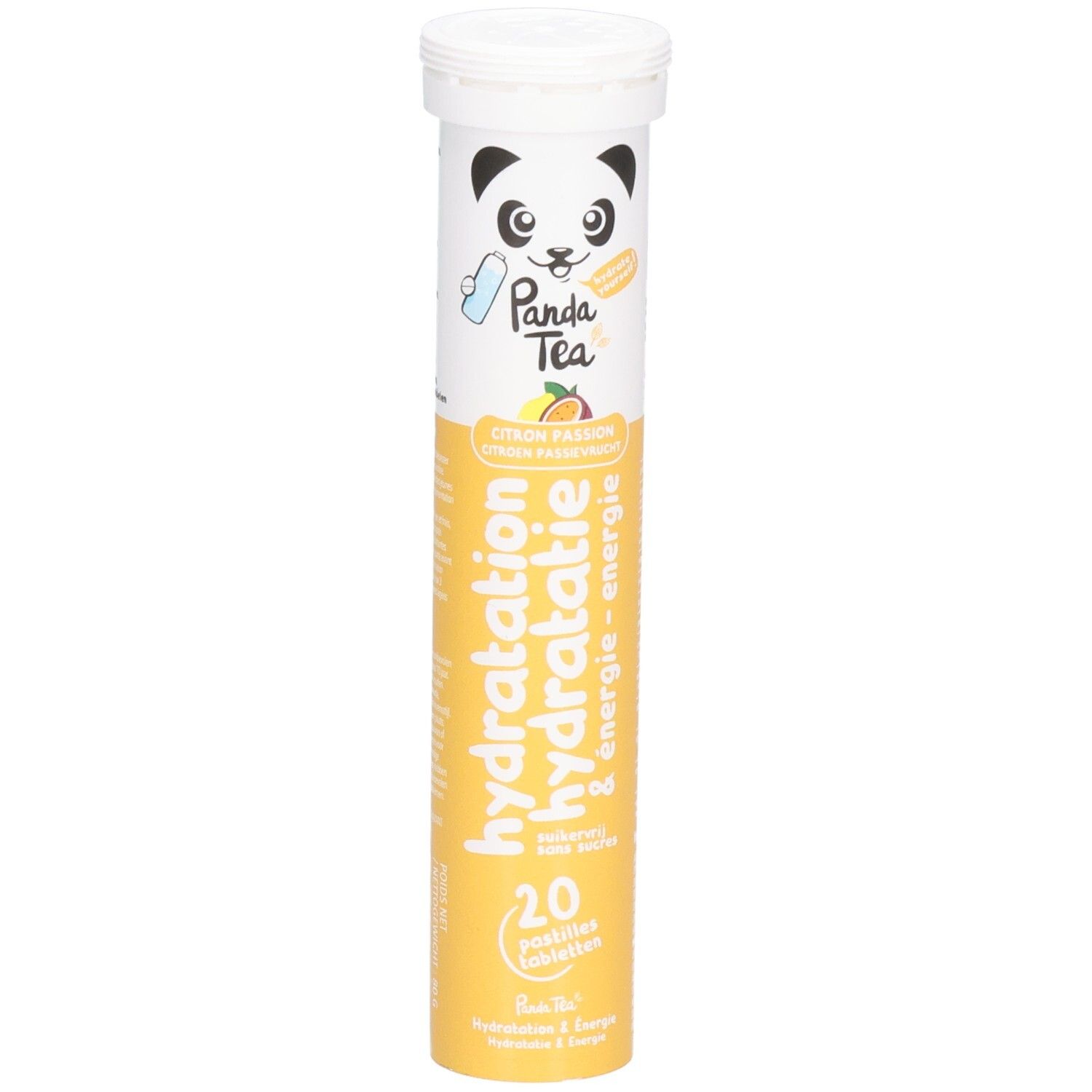 Zylindrische Tube mit Panda Tea Hydratation Citron/Fruit de la passion. Enthält 20 Tabletten. Gelb und weiß.