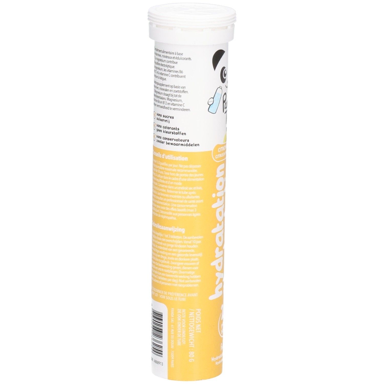 Rückseite der Panda Tea Hydratation Citron/Fruit de la passion Tube. Text in mehreren Sprachen. Gelber Hintergrund.