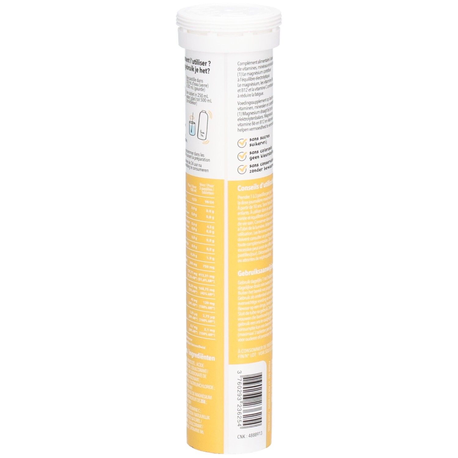 Rückseite der Panda Tea Hydratation Citron/Fruit de la passion Tube. Text in mehreren Sprachen. Gelber Hintergrund.