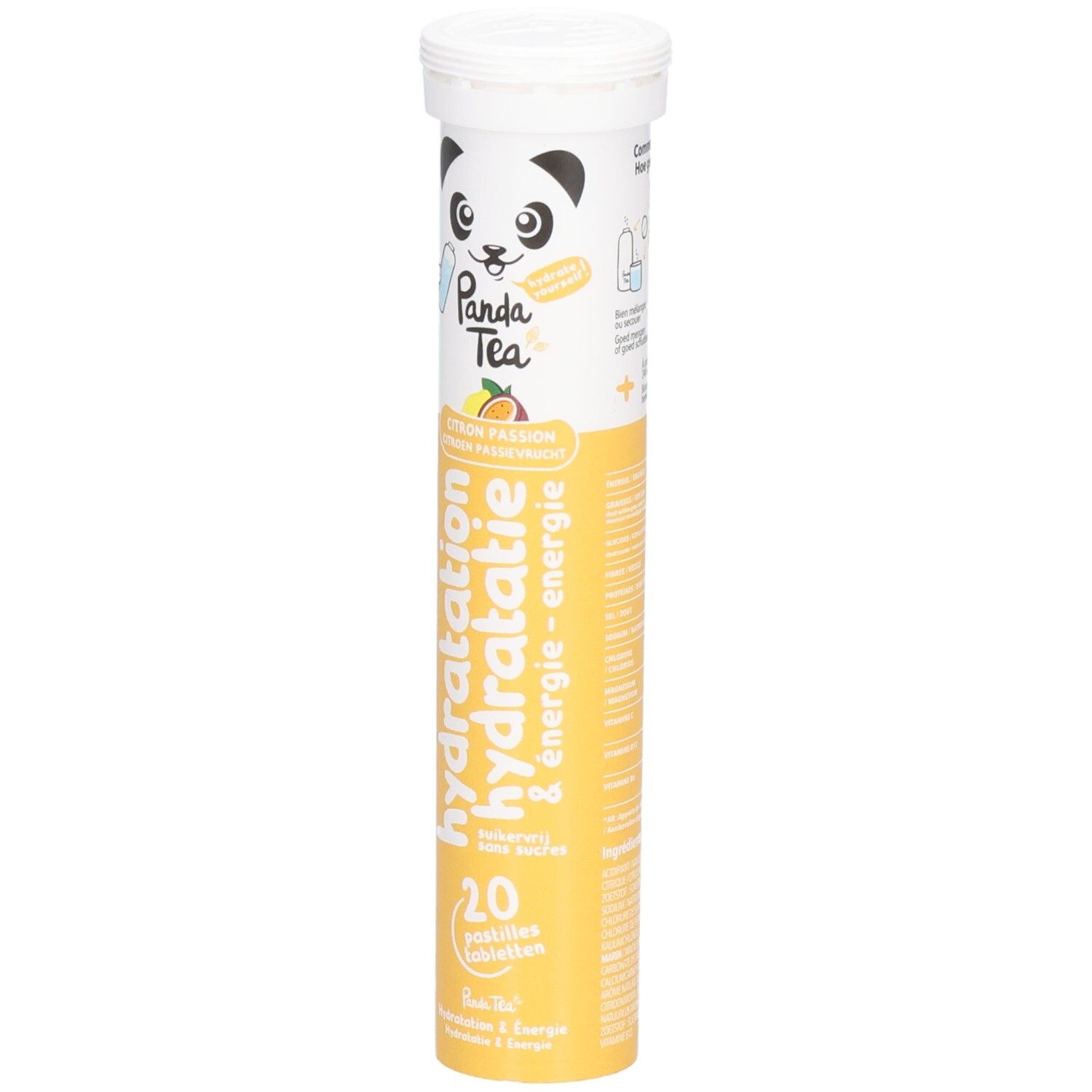 Vorderseite der Panda Tea Hydratation Citron/Fruit de la passion Tube. Enthält 20 Tabletten. Gelb und weiß.