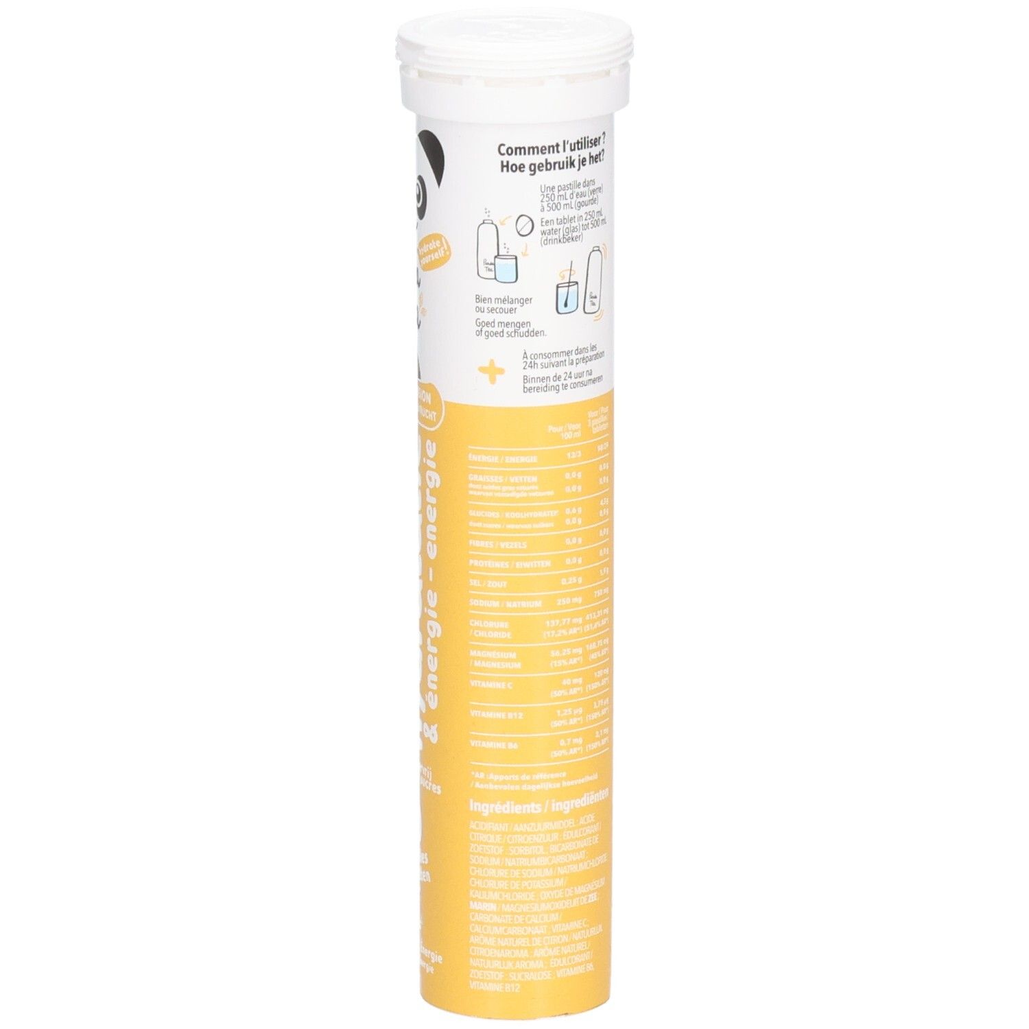 Rückseite der Panda Tea Hydratation Citron/Fruit de la passion Tube. Text in mehreren Sprachen. Gelber Hintergrund.