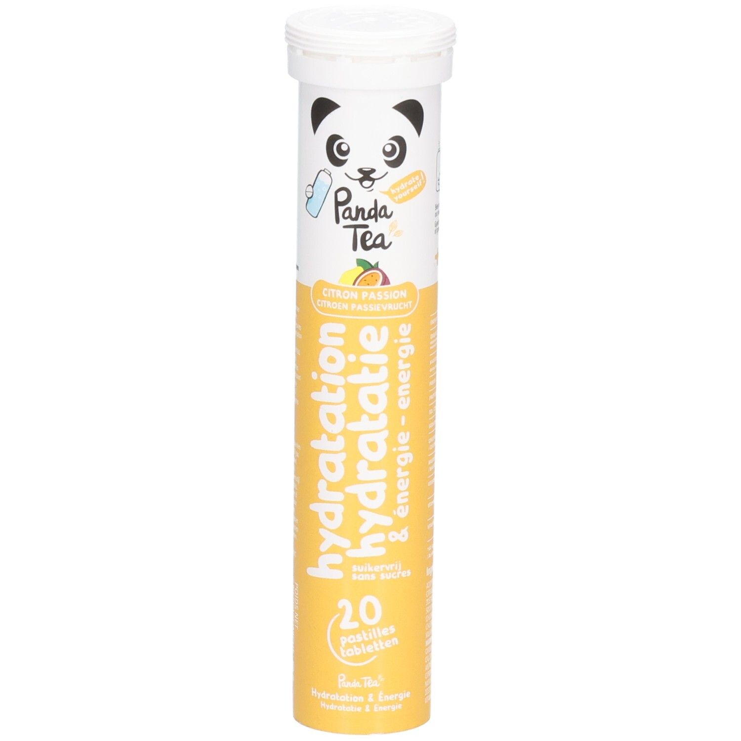 Vorderseite der Panda Tea Hydratation Citron/Fruit de la passion Tube. Enthält 20 Tabletten. Gelb und weiß.