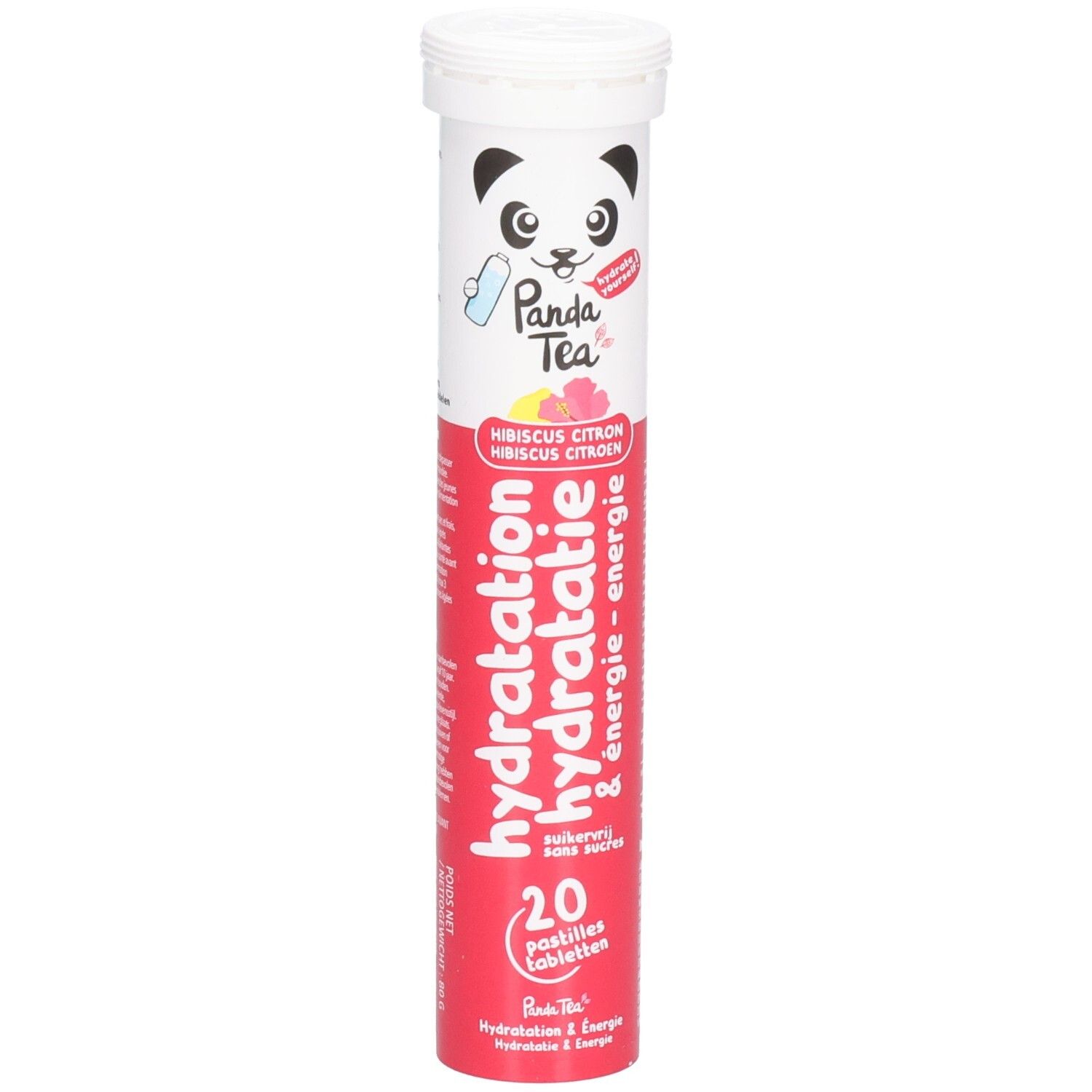 Zylinderförmige Verpackung mit Panda-Logo und Produktnamen. Enthält 20 Brausetabletten. Aufschrift: Hydratation Energie.