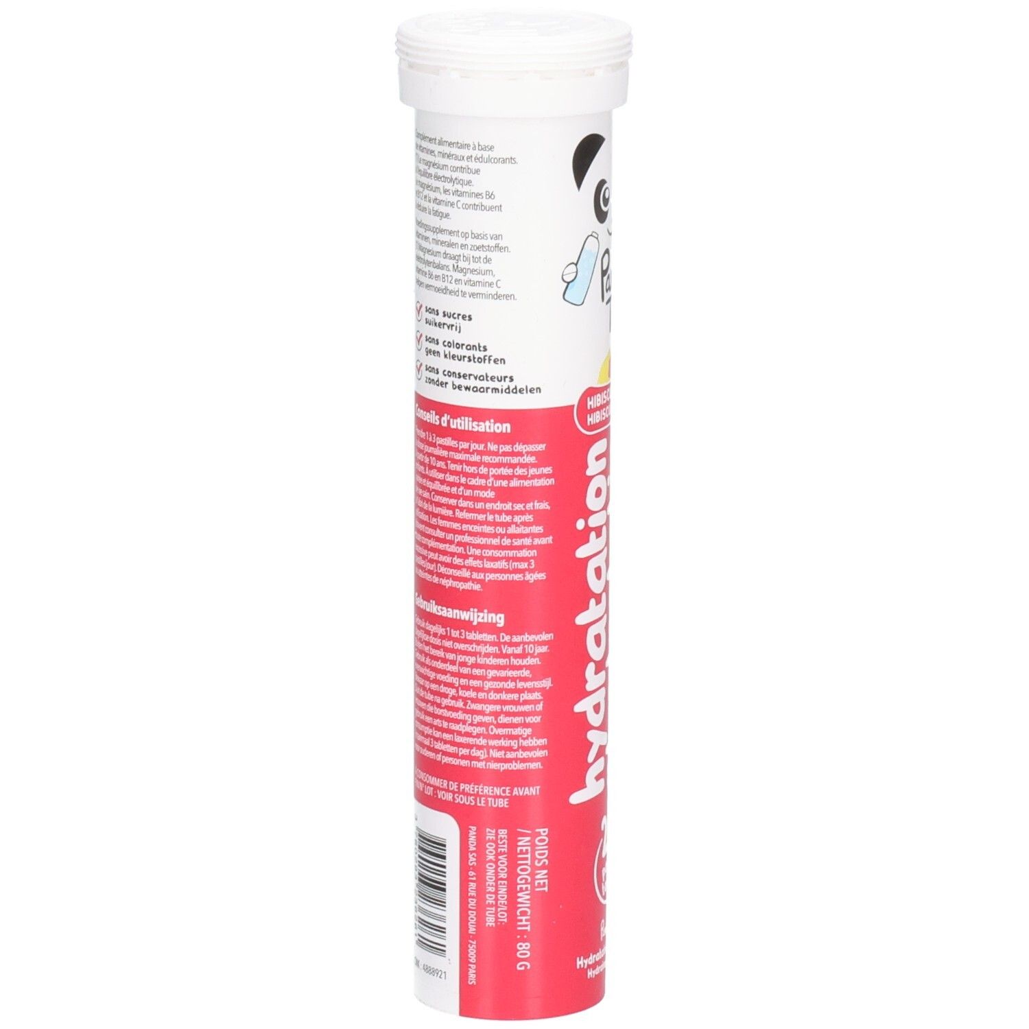 Zylinderförmige Verpackung mit Text in mehreren Sprachen. Enthält Informationen zu Inhaltsstoffen und Anwendung. Barcode sichtbar.