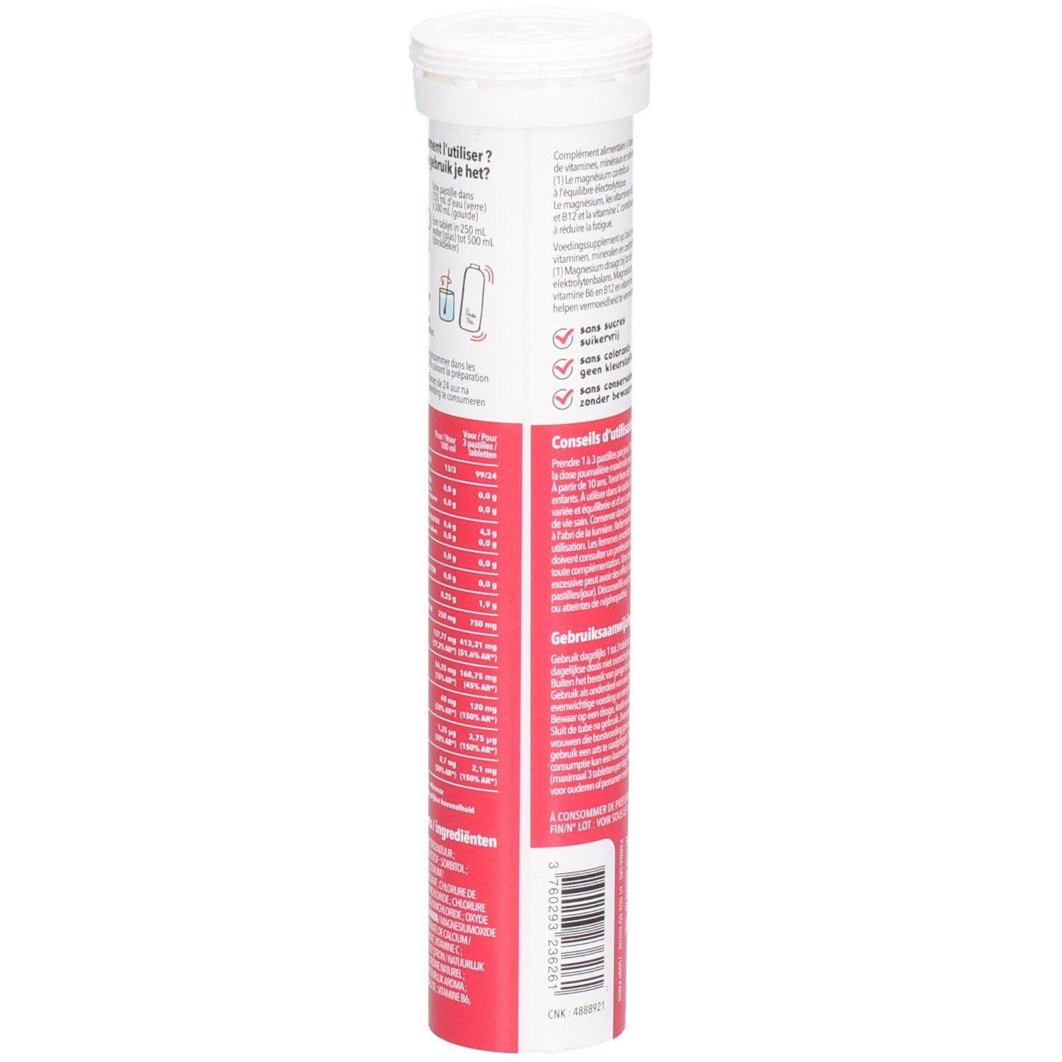 Zylinderförmige Verpackung mit Text in mehreren Sprachen. Enthält Informationen zu Inhaltsstoffen und Anwendung. Barcode sichtbar.