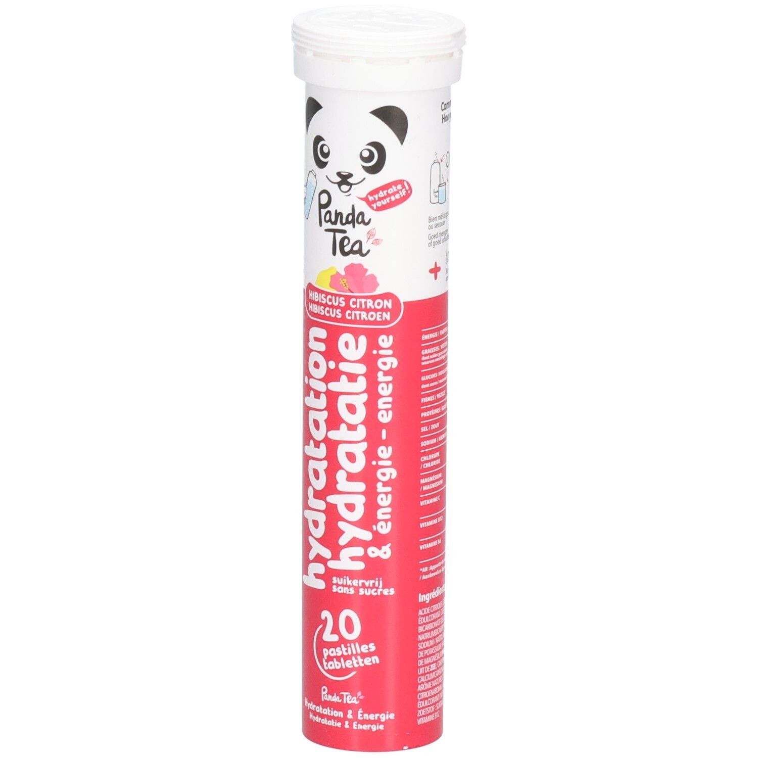 Zylinderförmige Verpackung mit Panda-Logo und Produktnamen. Enthält 20 Brausetabletten. Aufschrift: Hydratation Energie.