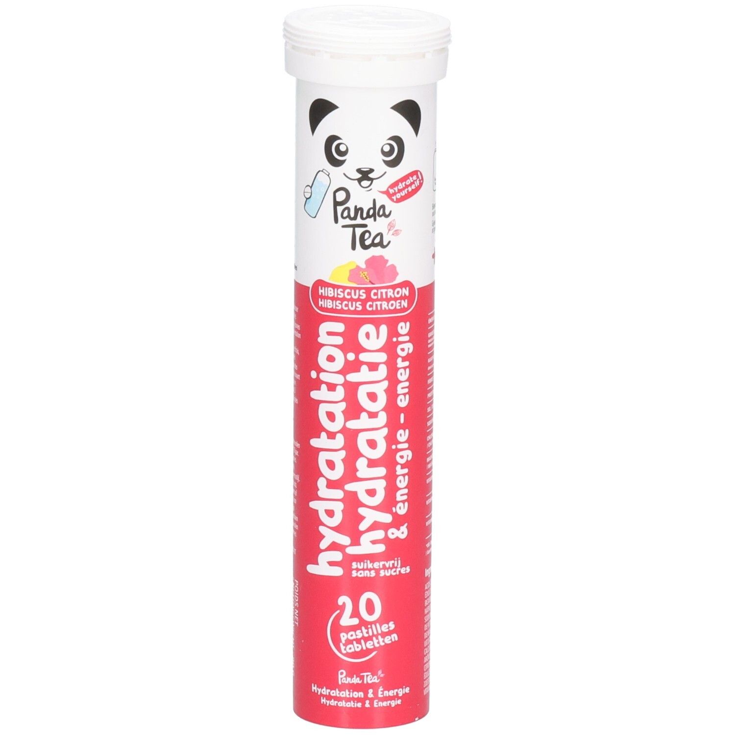 Zylinderförmige Verpackung mit Panda-Logo und Produktnamen. Enthält 20 Brausetabletten. Aufschrift: Hydratation Energie.