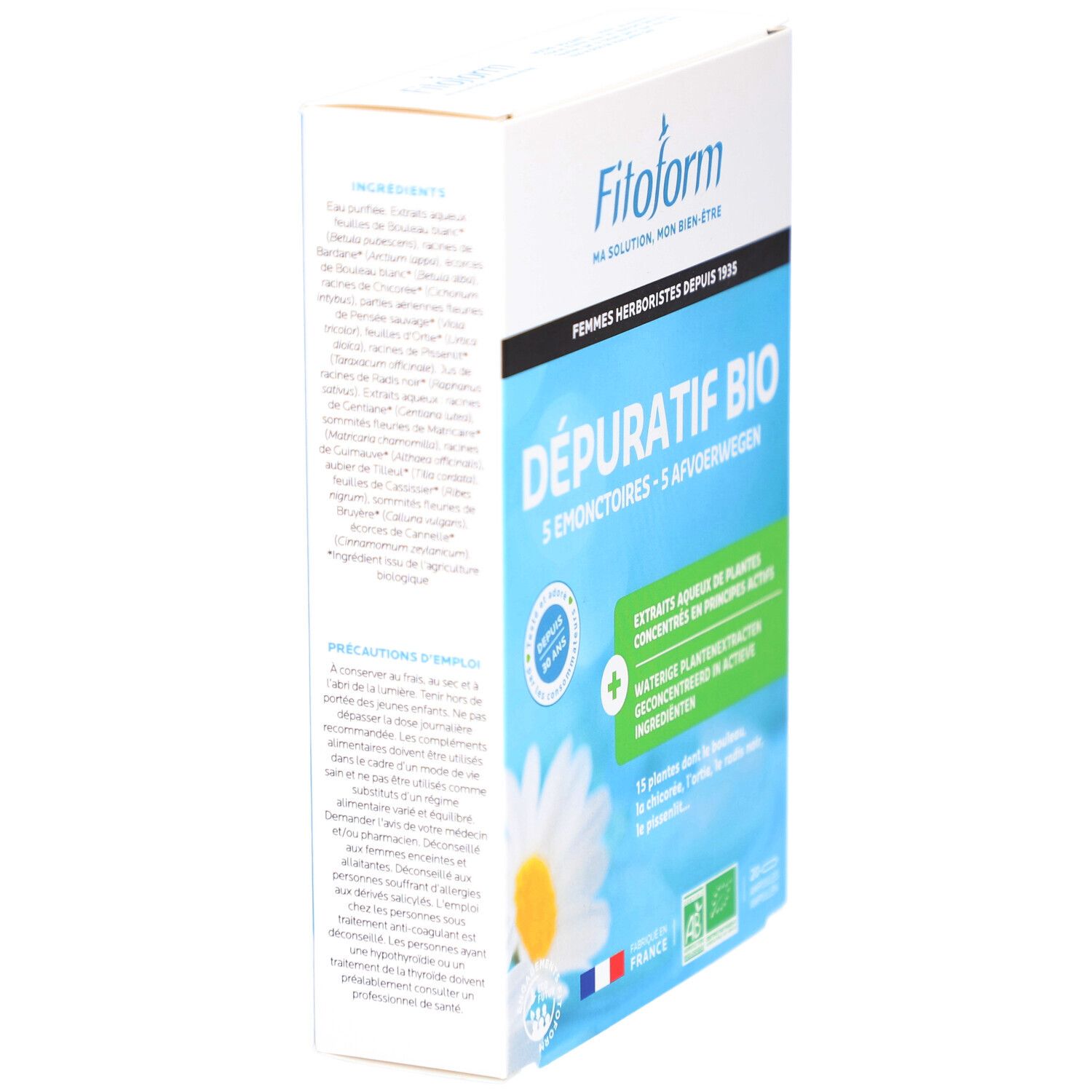 Schräg gestellte Kartonverpackung. Text: Fitoform, DÉPURATIF BIO. Mit Inhaltsangaben und Warnhinweisen. Französische Flagge und Bio-Siegel.