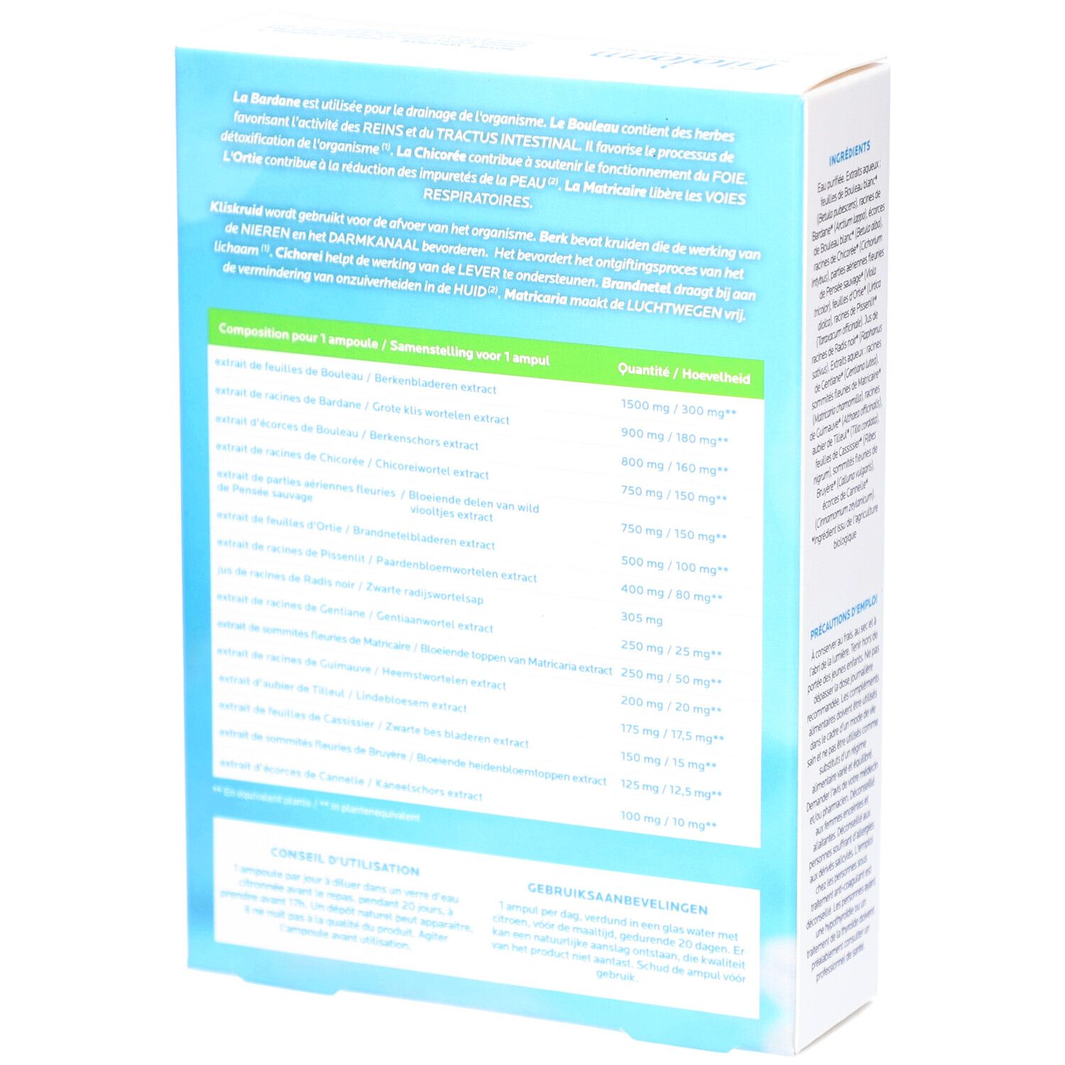 Rückseite der Kartonverpackung. Text: Inhaltsstoffe, Dosierung, Anwendungshinweise. Französische und niederländische Texte.