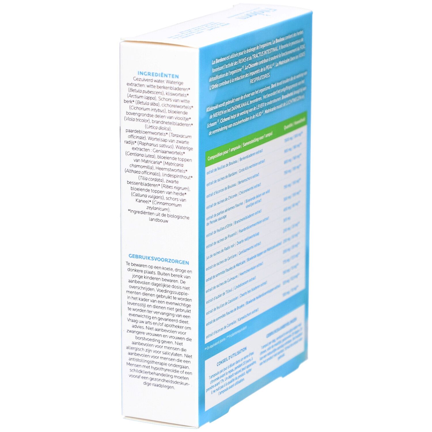 Schräg gestellte Kartonverpackung. Text: Inhaltsstoffe, Anwendungshinweise. Französische und niederländische Texte.