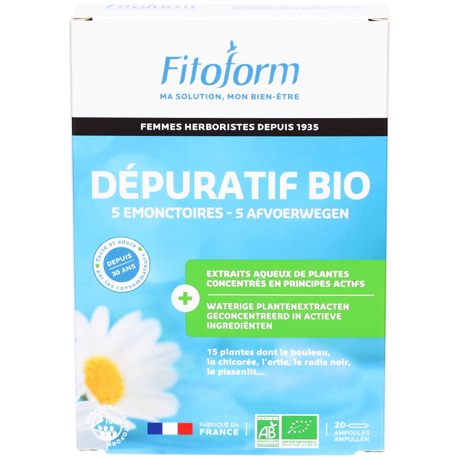 Kartonverpackung mit Produktaufdruck. Text: Fitoform, DÉPURATIF BIO, 20 Ampullen. Mit französischer Flagge und Bio-Siegel.