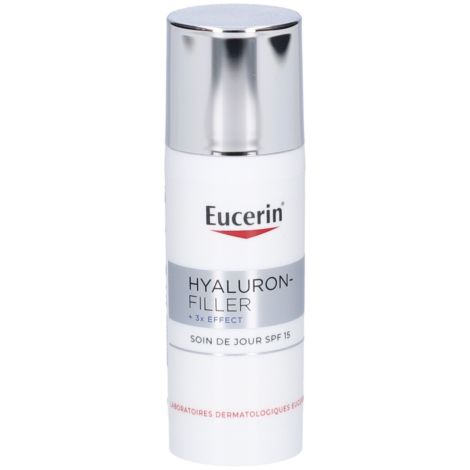 Weiße Flasche mit silbernem Deckel. Aufschrift: Eucerin, Hyaluron-Filler + 3x Effect, Soin de jour SPF 15.