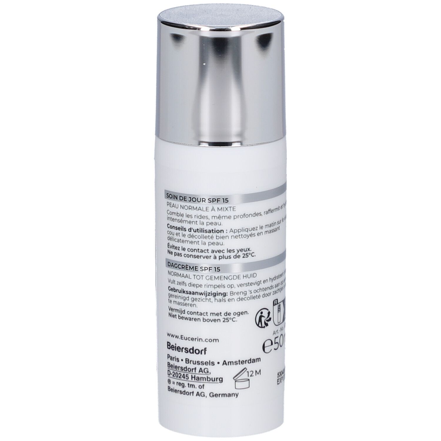 Weiße Flasche mit silbernem Deckel. Text und Informationen auf der Rückseite. Aufschrift: Eucerin, 50ml.