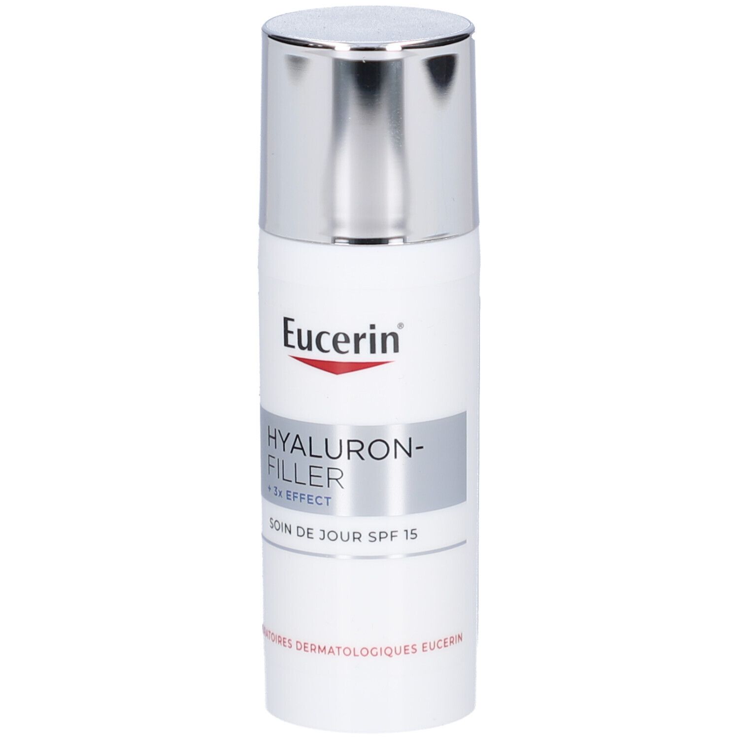 Weiße Flasche mit silbernem Deckel. Aufschrift: Eucerin, Hyaluron-Filler + 3x Effect, Soin de jour SPF 15.