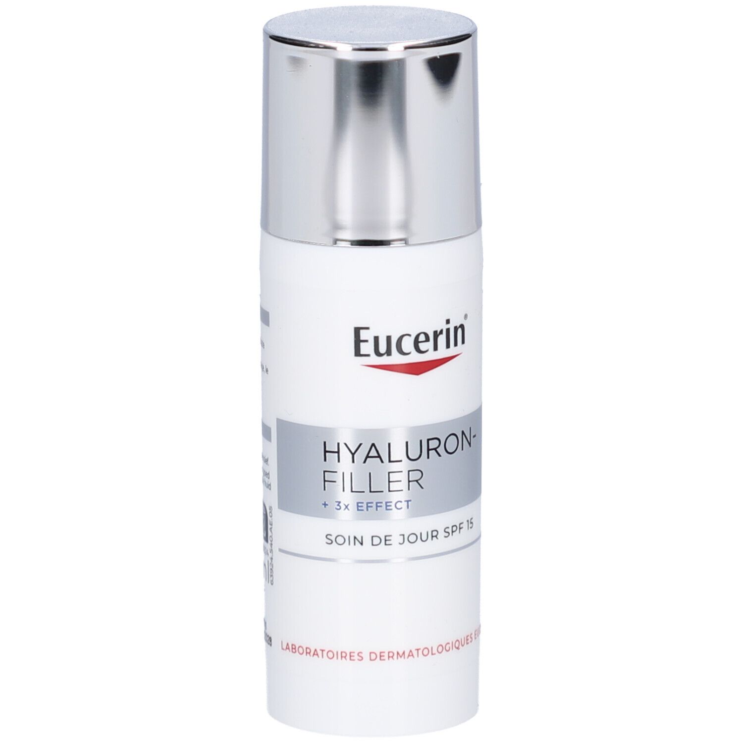 Weiße Flasche mit silbernem Deckel. Aufschrift: Eucerin, Hyaluron-Filler + 3x Effect, Soin de jour SPF 15.