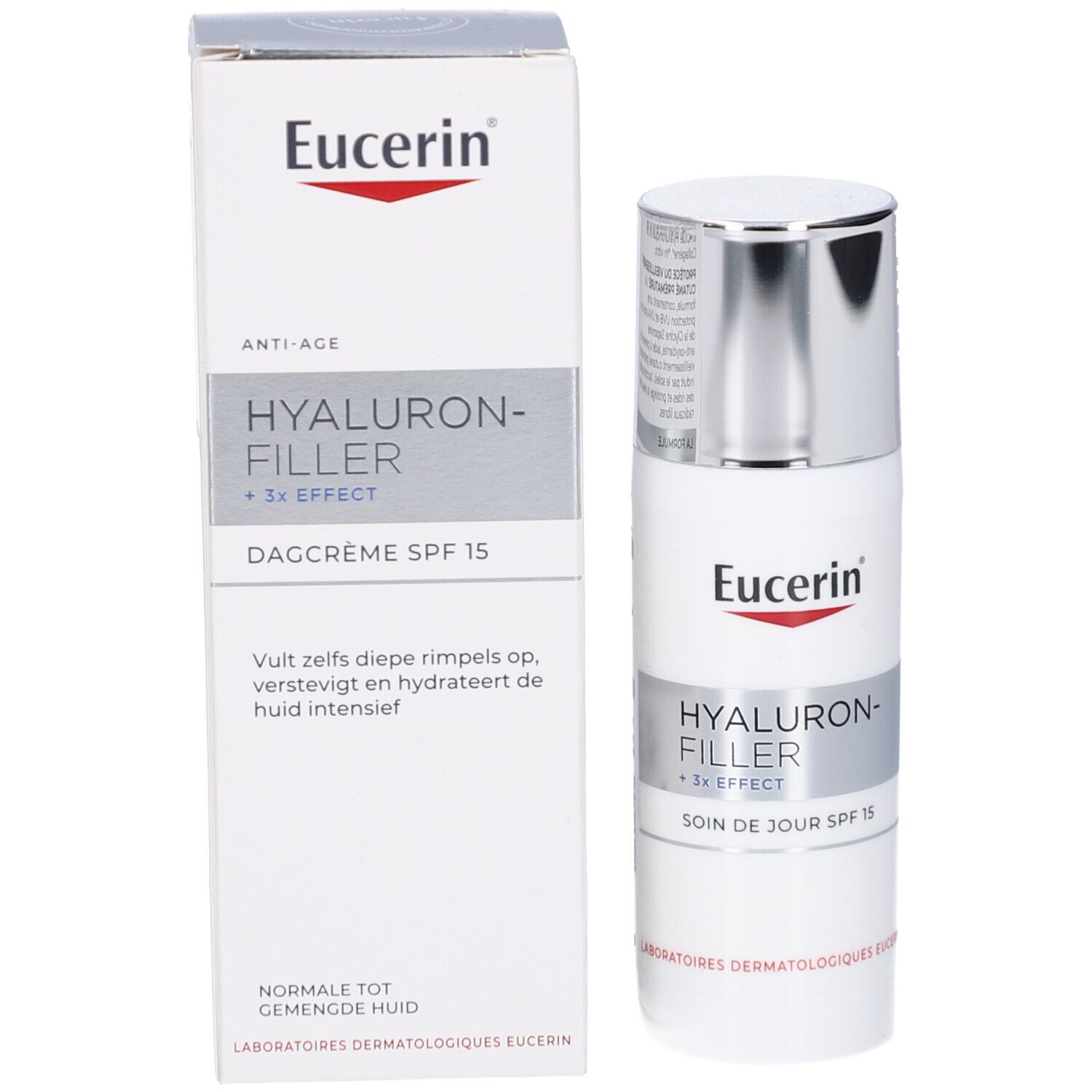 Produktverpackung und Flasche. Aufschrift: Eucerin, Hyaluron-Filler + 3x Effect, Dagcrème SPF 15. Weiße Verpackung.