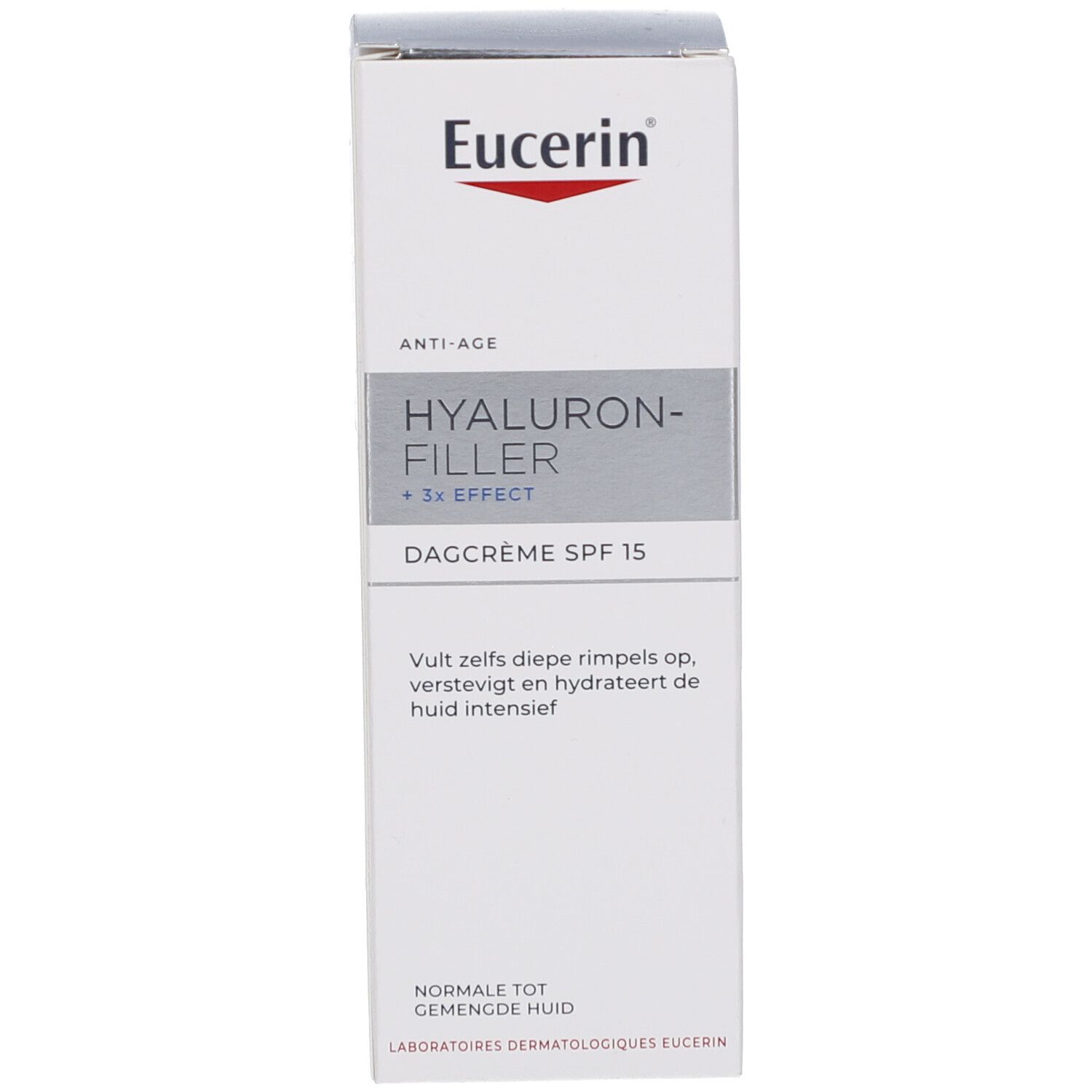 Weiße Produktverpackung. Aufschrift: Eucerin, Hyaluron-Filler + 3x Effect, Dagcrème SPF 15. Anti-Age.