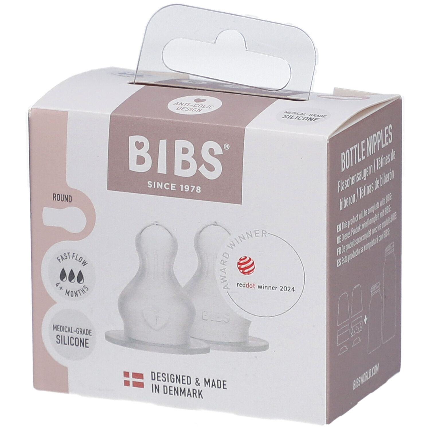 BIBS Flaschensauger Silikon 2er-Pack. Verpackung mit zwei transparenten Silikon-Saugern. Auszeichnung: Red Dot Winner 2024.