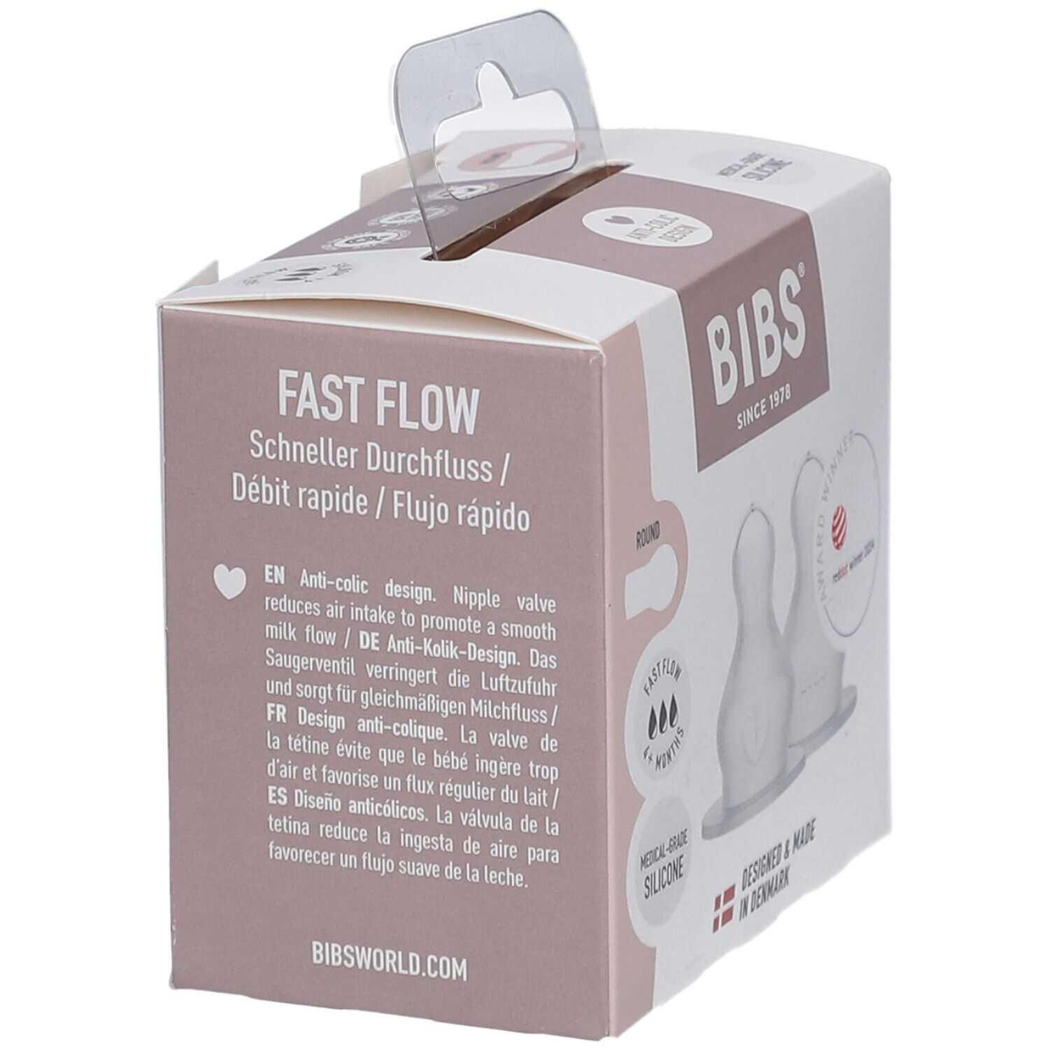 BIBS Flaschensauger Silikon 2er-Pack. Verpackung mit Texten in mehreren Sprachen. Schneller Durchfluss. Anti-Kolik-Design.