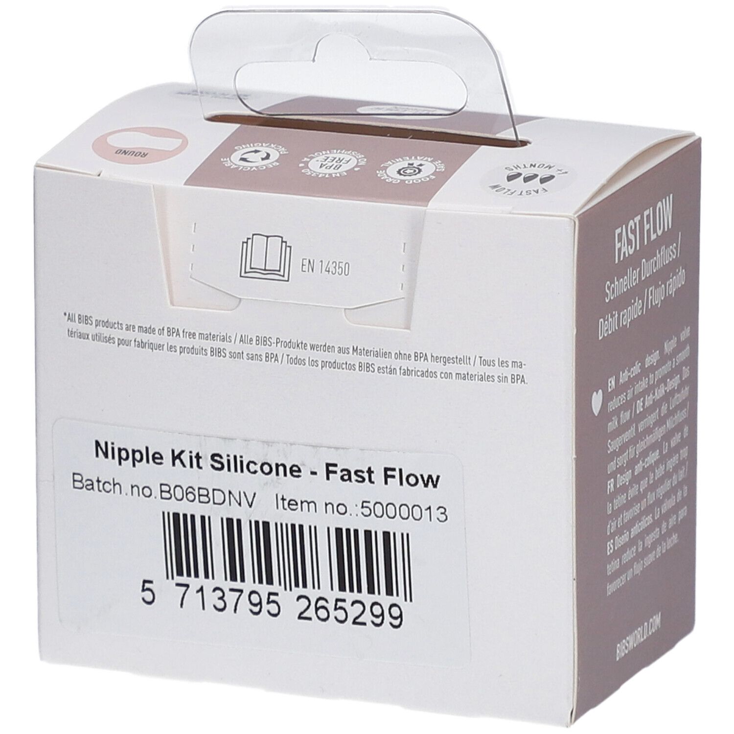 BIBS Flaschensauger Silikon 2er-Pack. Verpackung mit Barcode und Chargennummer. Enthält Informationen über BPA-freie Materialien.