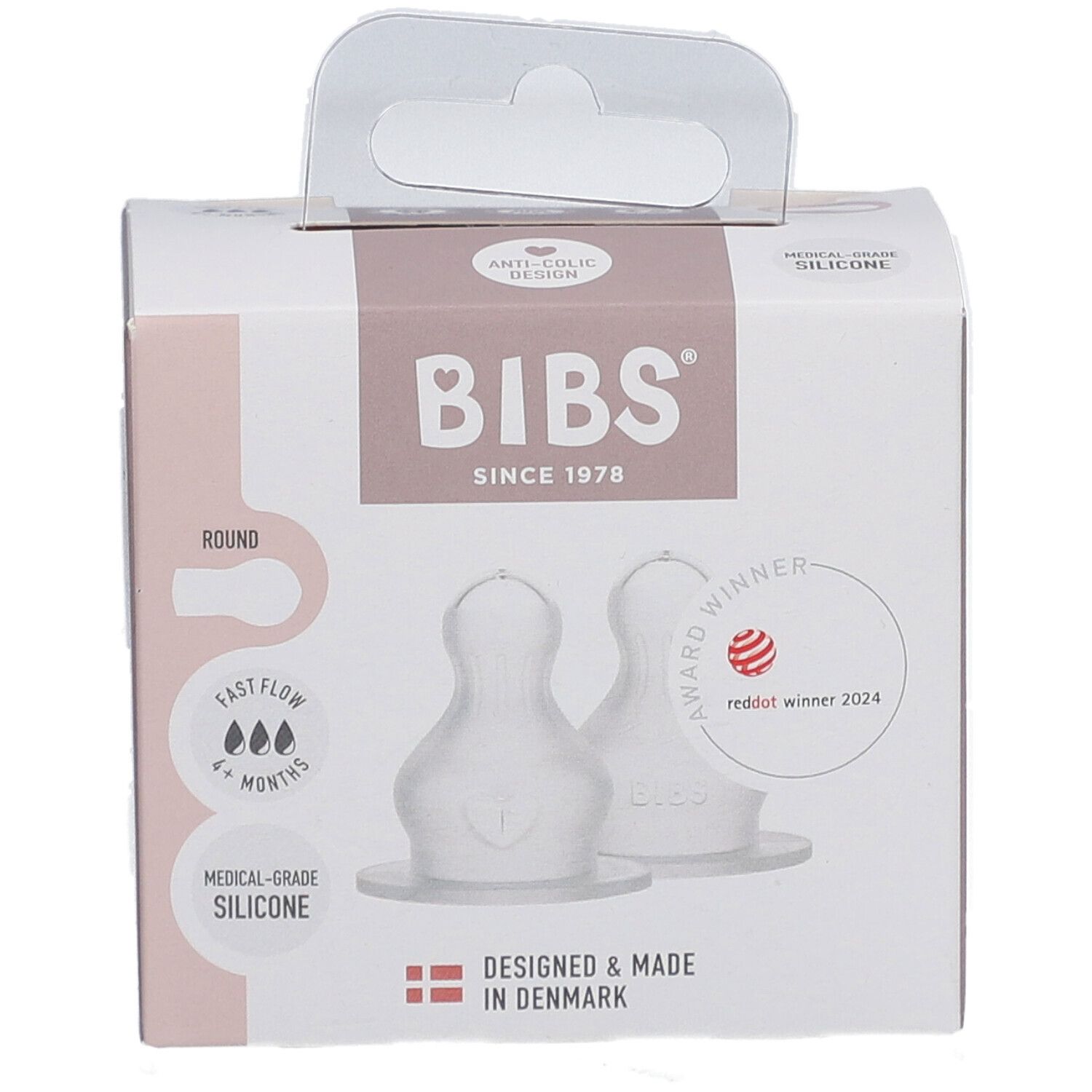 BIBS Flaschensauger Silikon 2er-Pack. Verpackung mit zwei transparenten Silikon-Saugern. Auszeichnung: Red Dot Winner 2024.
