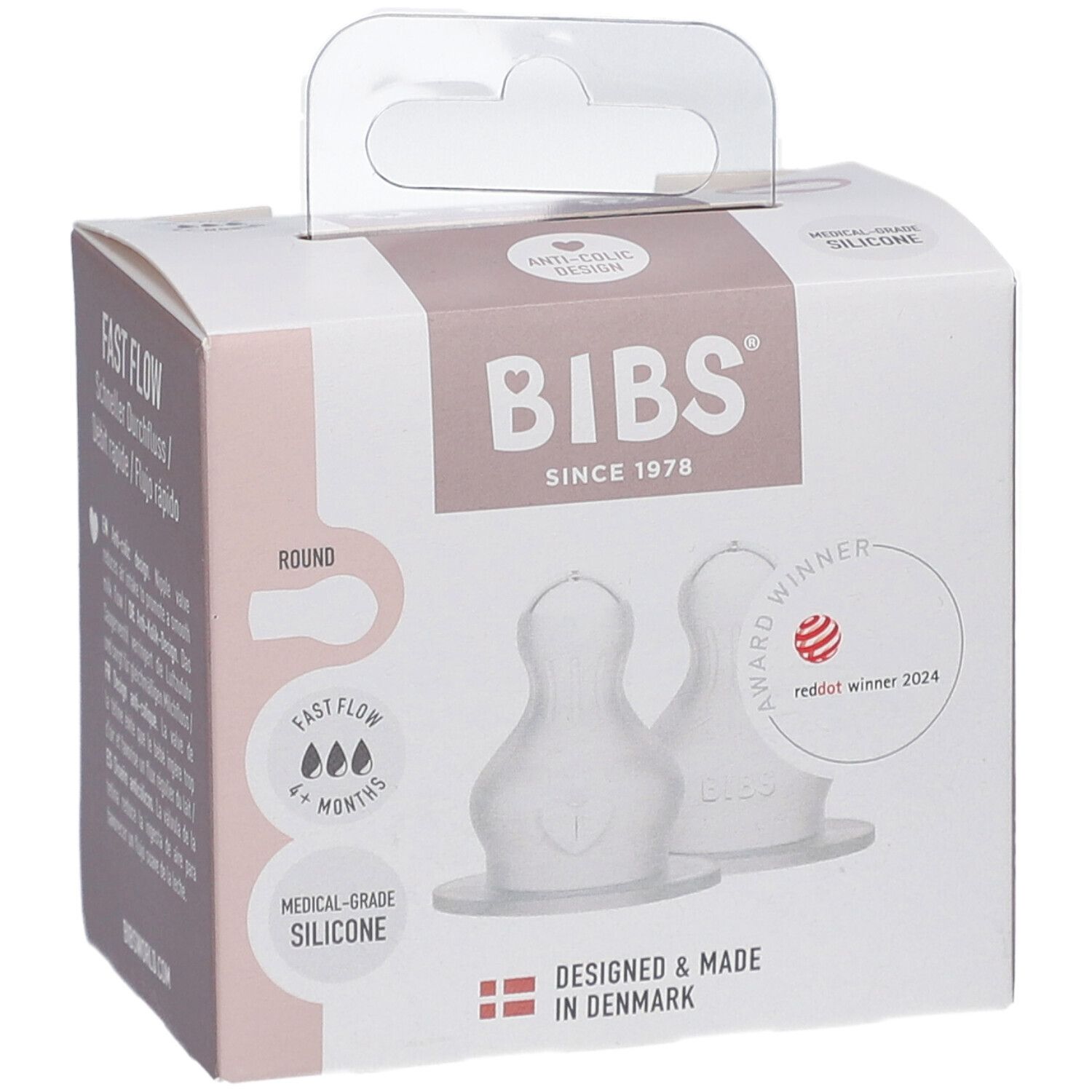 BIBS Flaschensauger Silikon 2er-Pack. Verpackung mit zwei transparenten Silikon-Saugern. Auszeichnung: Red Dot Winner 2024.