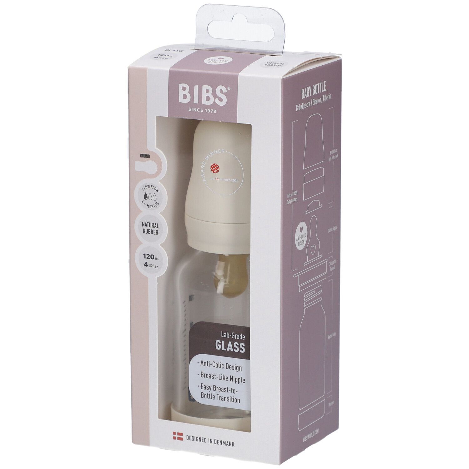 BIBS Babyflasche aus Glas, 120 ml, im Karton. Sichtbar: Flasche, Deckel, Sauger. Verpackung mit Produktinformationen.