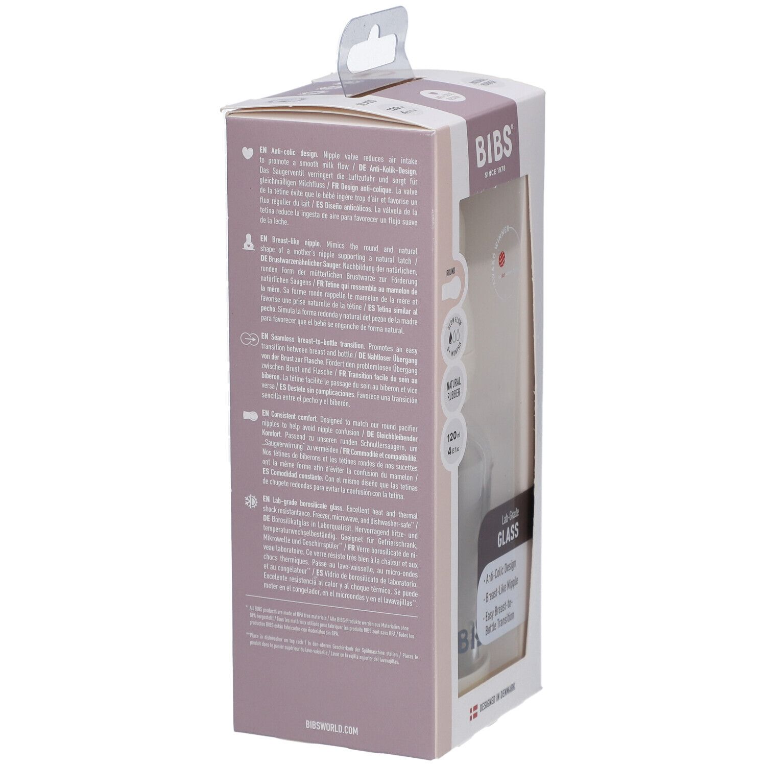 Verpackung der BIBS Babyflasche. Seitenansicht mit Text in mehreren Sprachen. Enthält Produktinformationen und Warnhinweise.