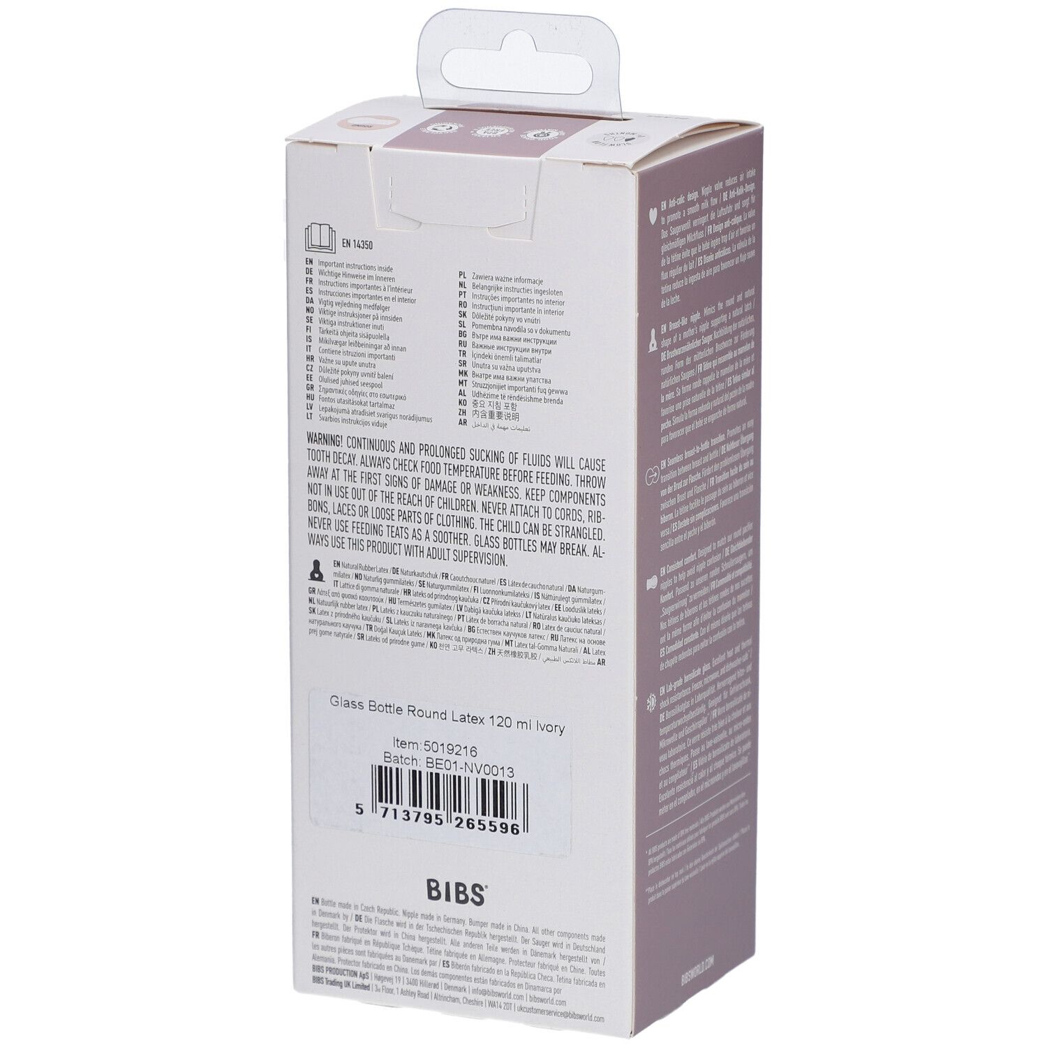 Rückseite der BIBS Babyflaschenverpackung. Enthält Produktinformationen, Warnhinweise und Barcode. Ivory-Flasche.
