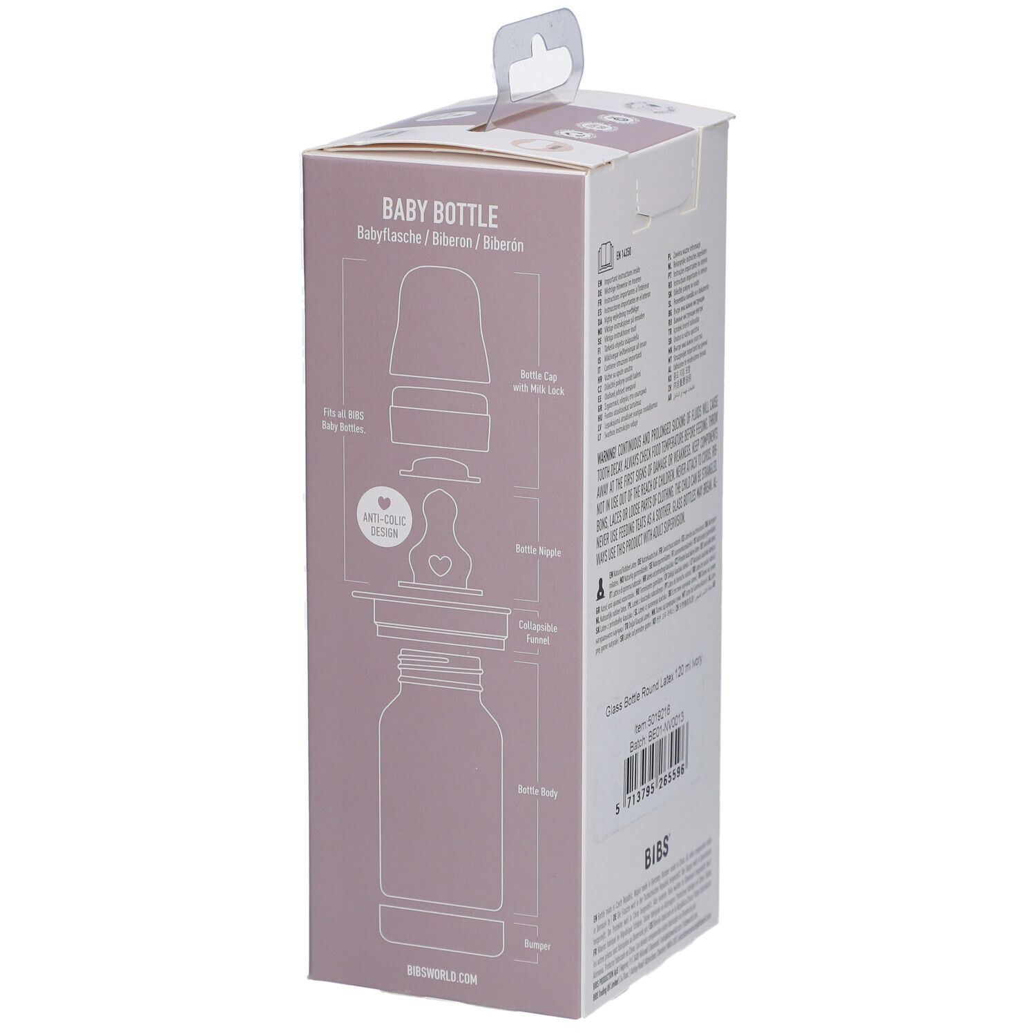 Verpackung der BIBS Babyflasche. Explosionszeichnung der Flaschenkomponenten. Baby Bottle-Text.
