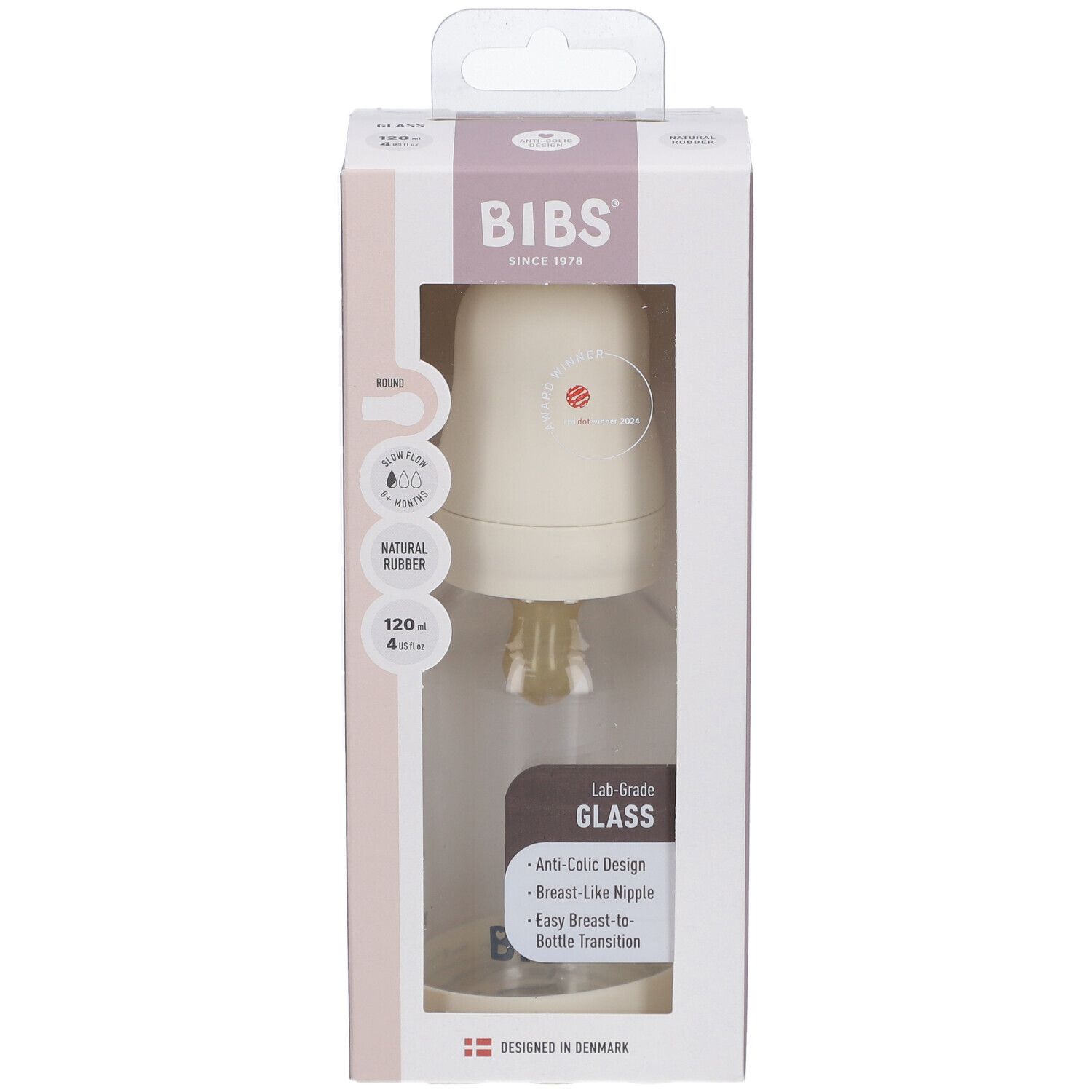 BIBS Babyflasche aus Glas, 120 ml, im Karton. Sichtbar: Flasche, Deckel, Sauger. Verpackung mit Produktinformationen.