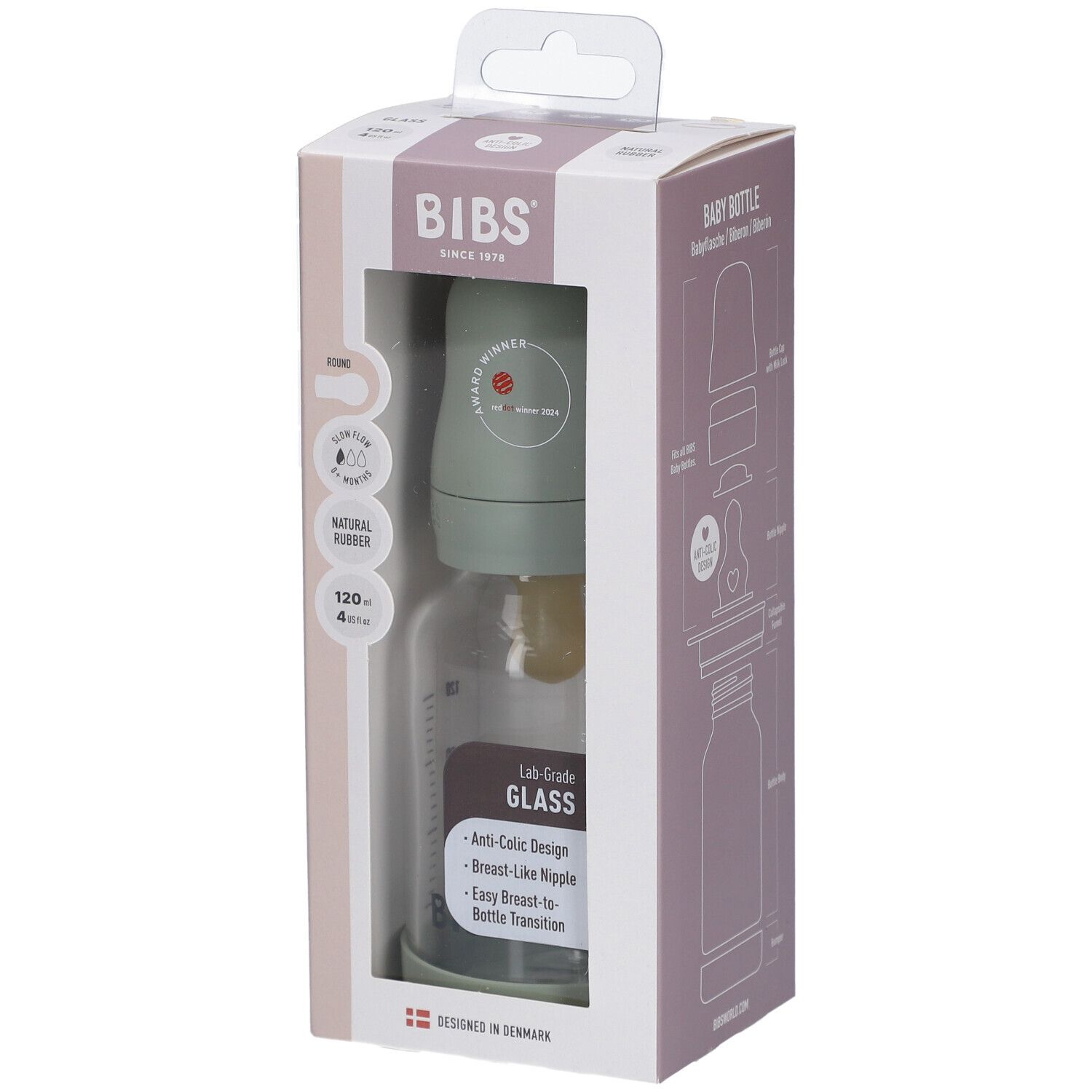 Biberon BIBS en emballage. Biberon en verre avec couvercle vert, tétine et goulot. Fenêtre montre le produit.