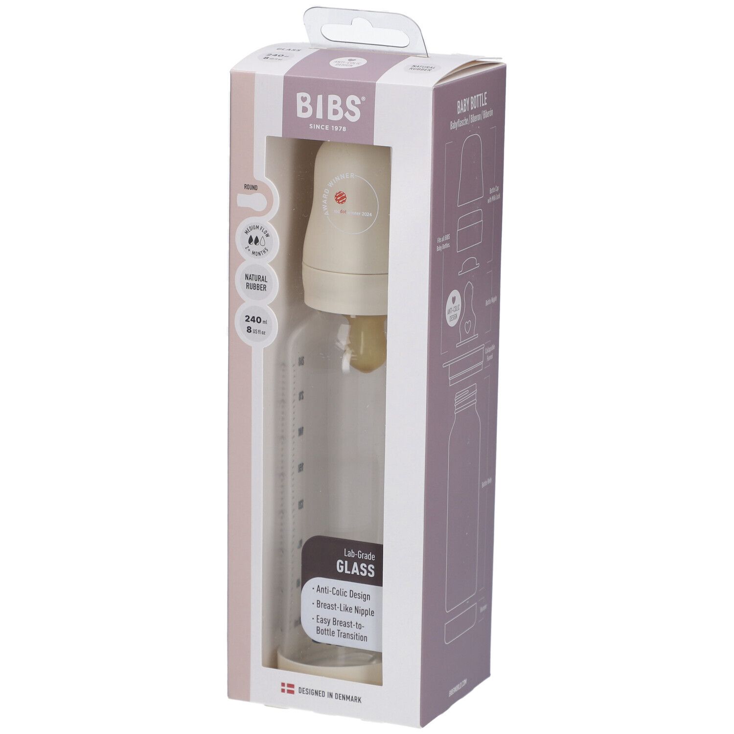 BIBS Babyflasche aus Glas 240 ml Vollständiges Set Ivory 2+ Monate