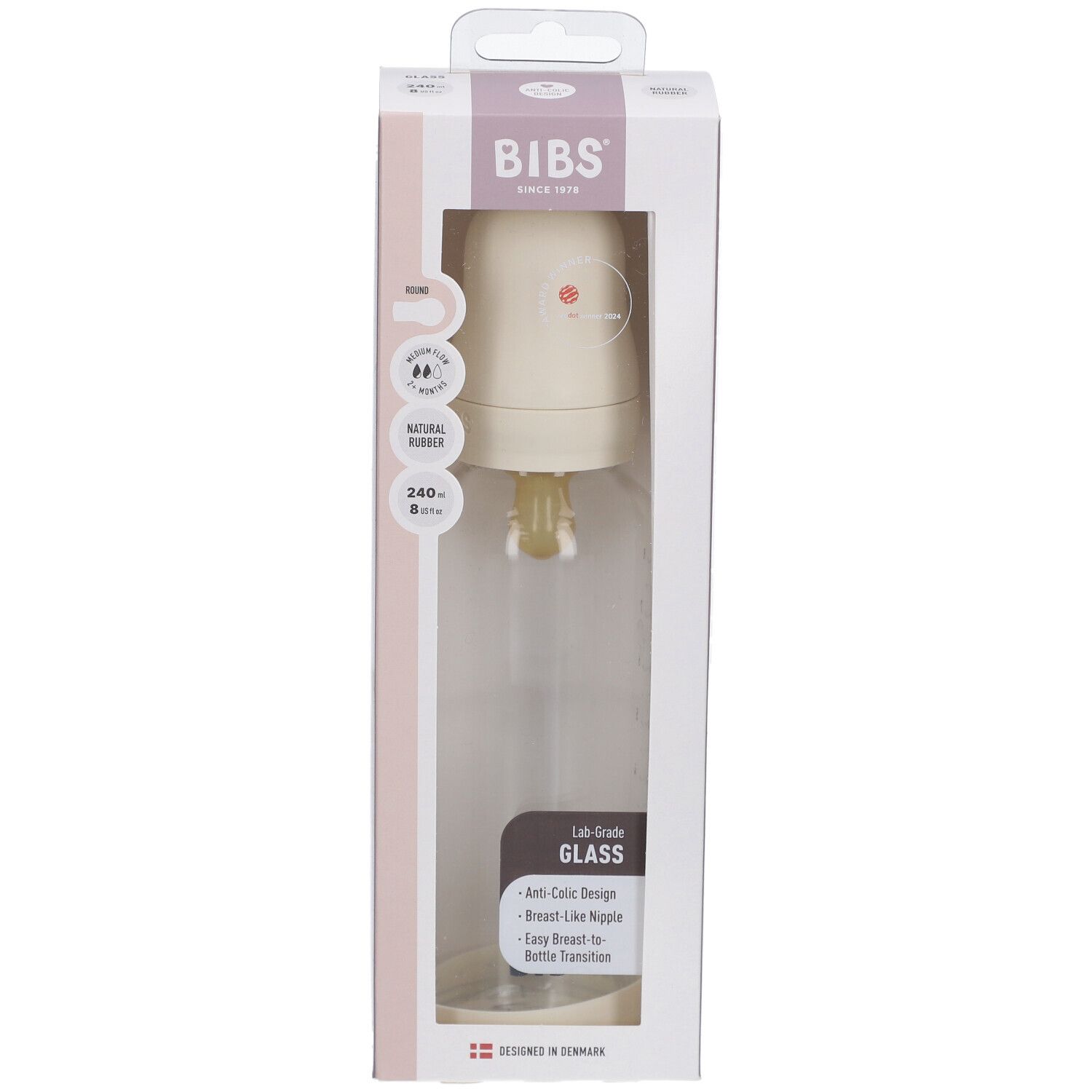 BIBS Babyflasche aus Glas 240 ml Vollständiges Set Ivory 2+ Monate
