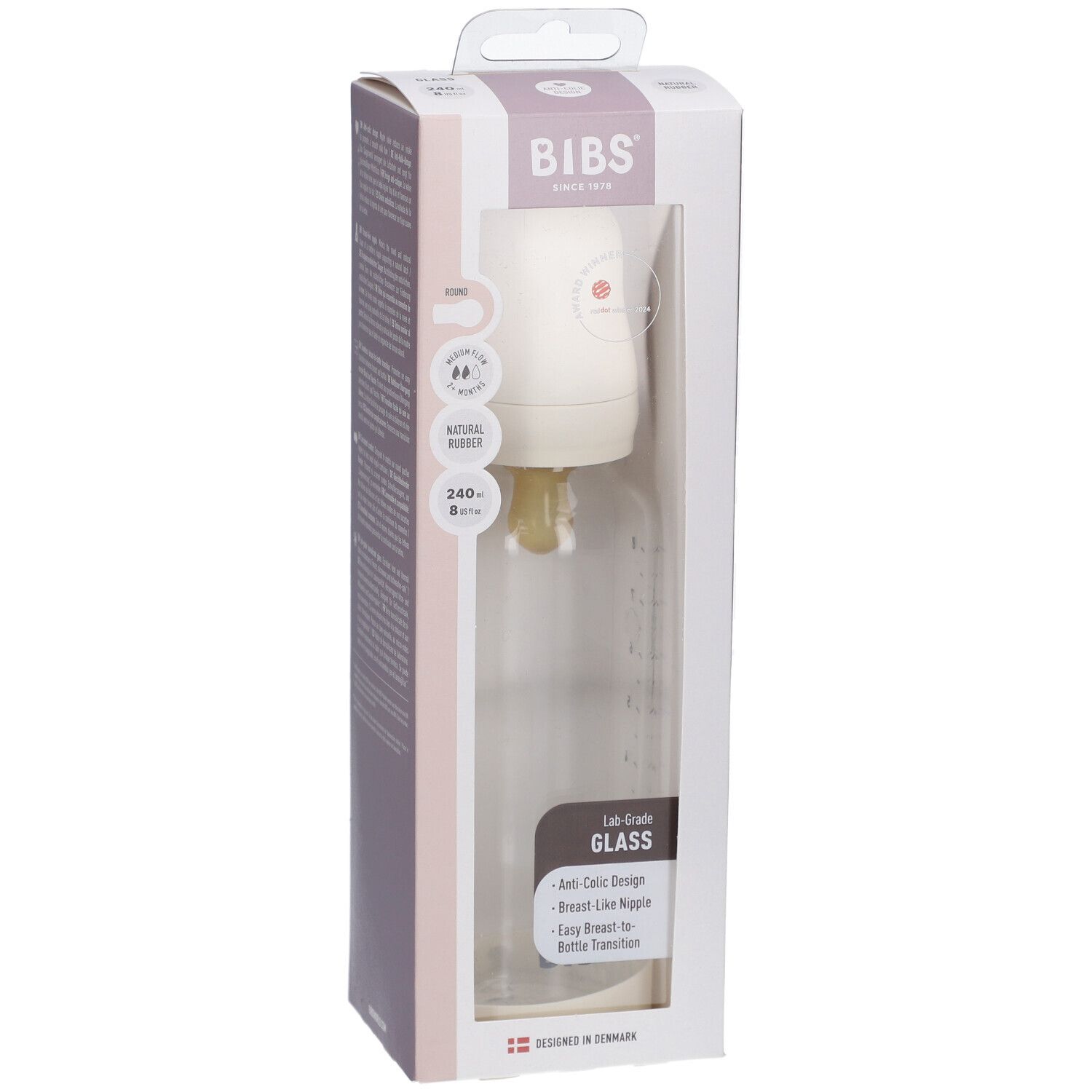 BIBS Babyflasche aus Glas 240 ml Vollständiges Set Ivory 2+ Monate