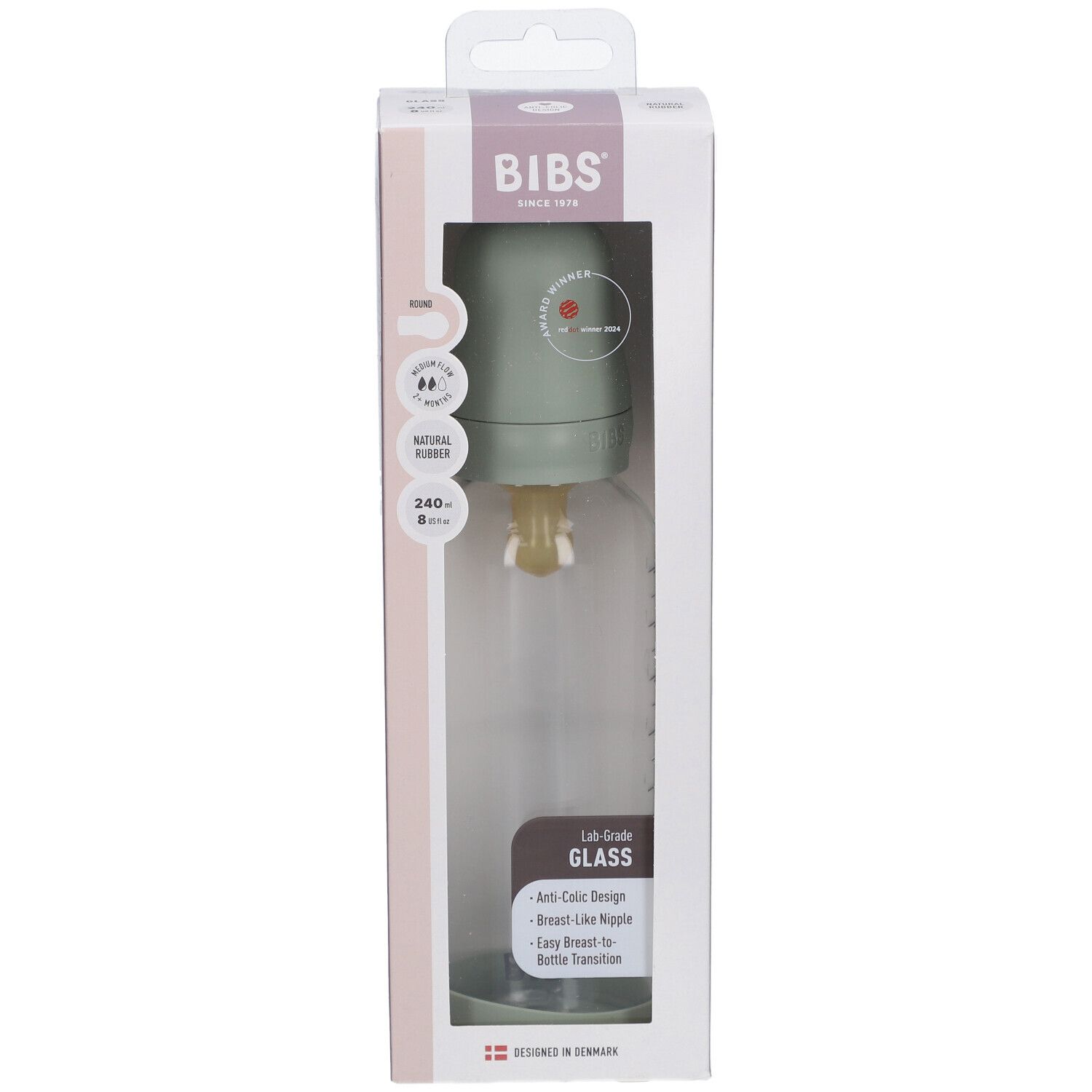 BIBS Babyflasche aus Glas 240 ml Komplettset Sage 2+ Monate