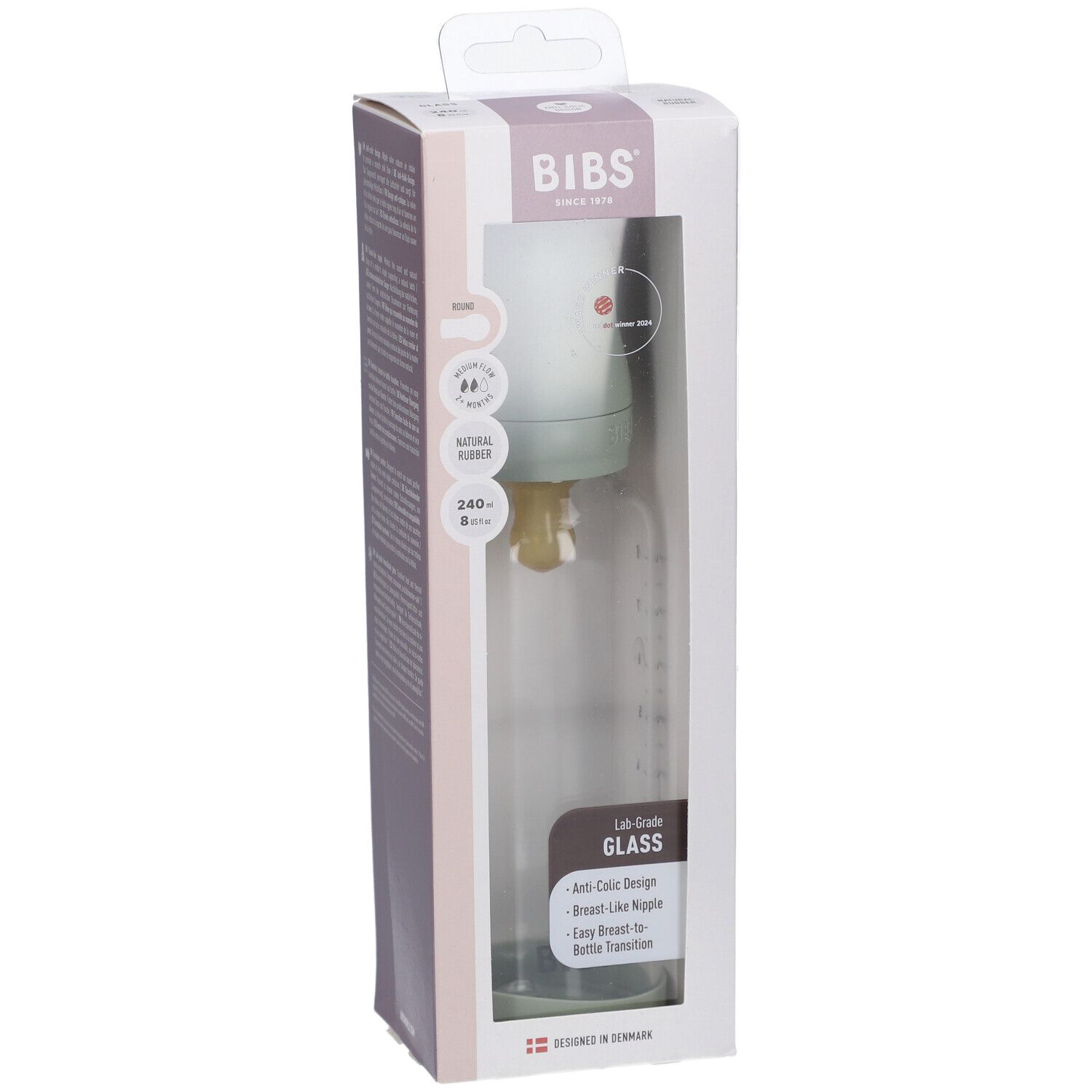 BIBS Babyflasche aus Glas 240 ml Komplettset Sage 2+ Monate
