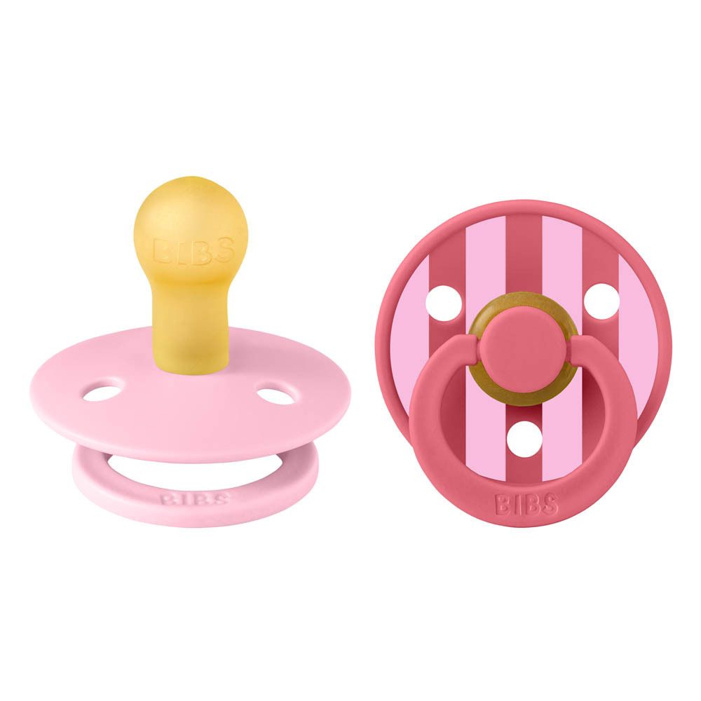 Deux sucettes roses à rayures. Logo BIBS. Forme ronde. Caoutchouc naturel.